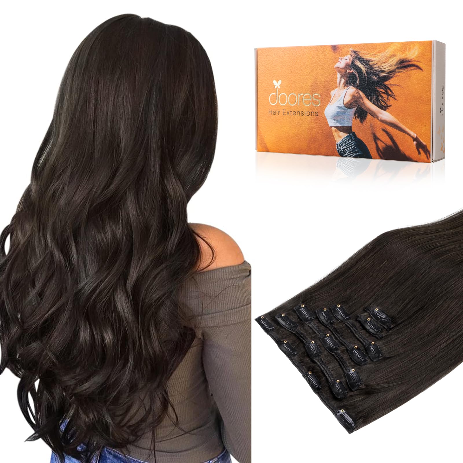 DOORES Clip in Hair Extensions Dark Brown 120g 7pcs 20 Inch Remy Human Hair Extensions Clip in Real Hair Extensions Natural Hair Straight Thick hair extensions for women