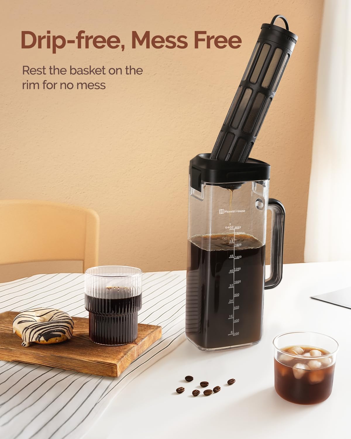 Maestri House Compact Cold Brew Coffee Maker, 64oz Iced Tea and Coffee Maker Brewer Space Saving Tritan Pitcher, 350 Mesh Filter, 100% Leak-Proof - Image 6