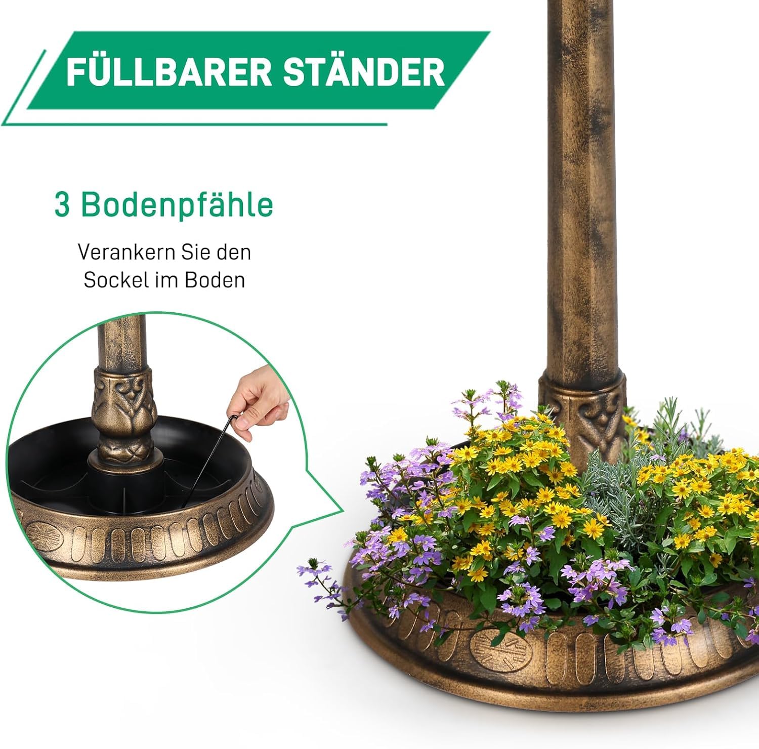 Vogeltränke Stehend, vogeltränke mit Solarleuchte, Vogelbad aus Kunststoff mit Blumenkübel & befüllbarem Ständer, Wildvogeltränke für Garten, Balkon, Bronze