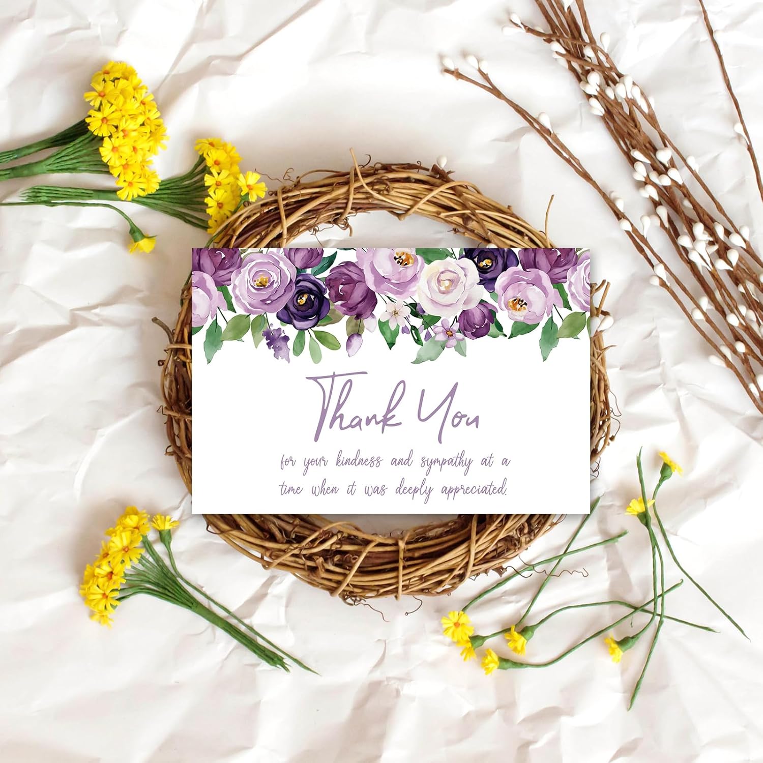 FYSUIMU 50 Pcs Funeral Thank You Cards Bulk Boxed Floral Sympathy Blank Note Cards with Sticker Envelope Purple Flower Bereavement Card for Memorial Service Loved Ones Celebration of Life