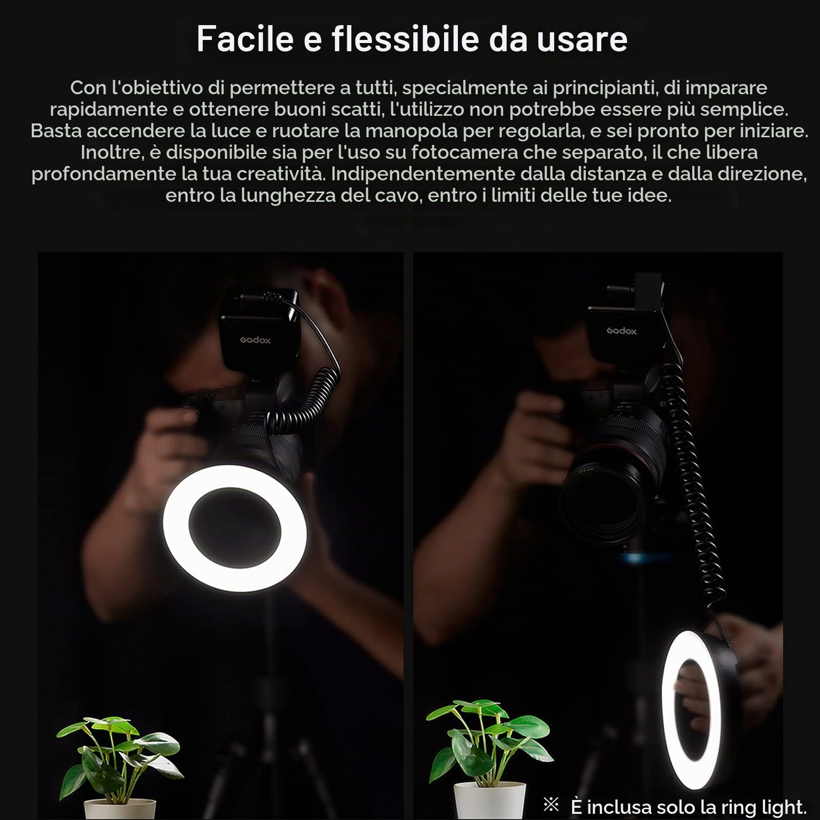 GODOX RING72 Macro LED Video Light Professional Photography Fill Light 72PCS LED Bead Temperatura colore 5600K 10 livelli di luminosità regolabile con anello adattatore 49mm-77mm