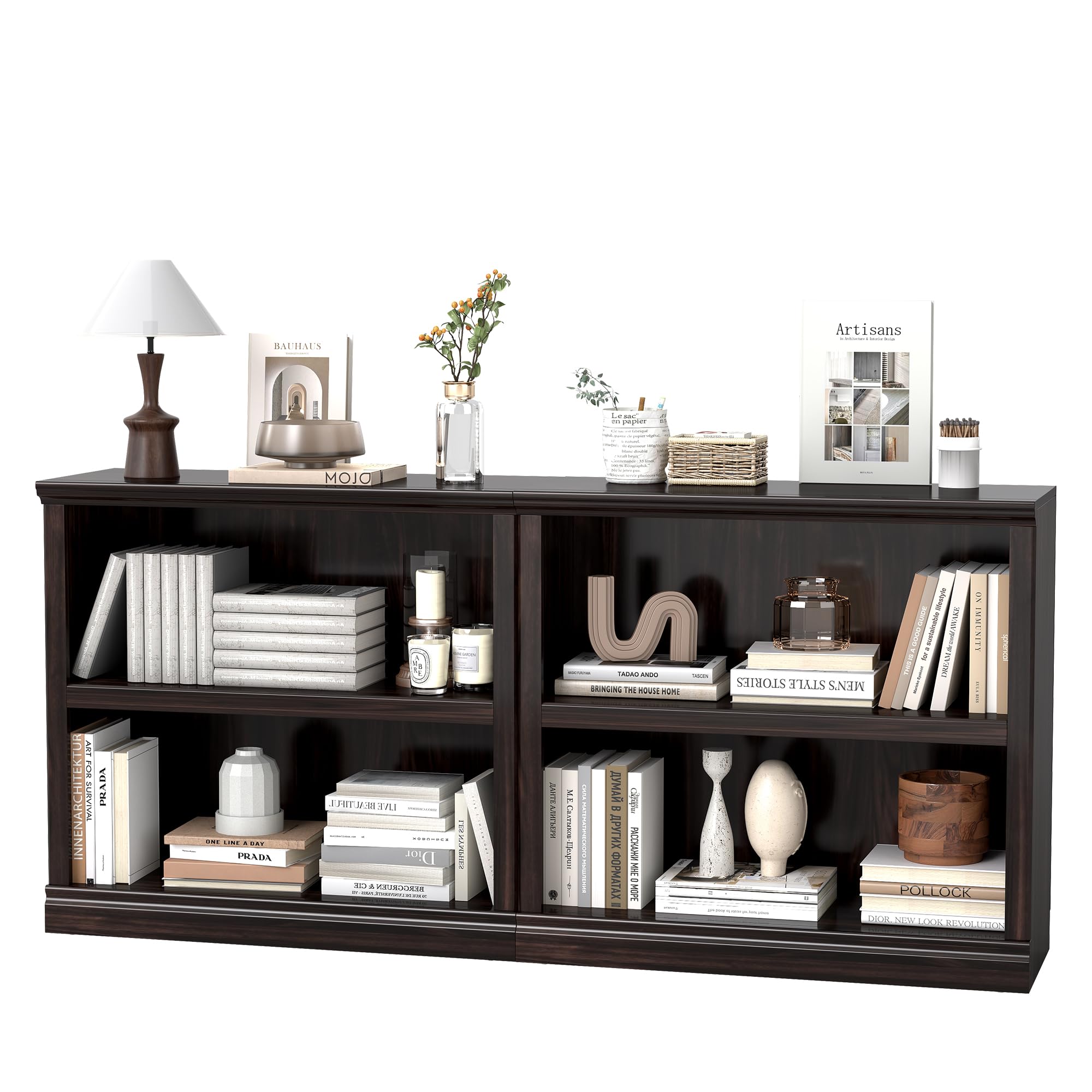 blini Bookshelf and Bookcase Set of 2, Cherry Wood Double Wide Large Bookshelves 2 Tier Wooden Bookshelf with Storage Cabinets for Living Room, Home