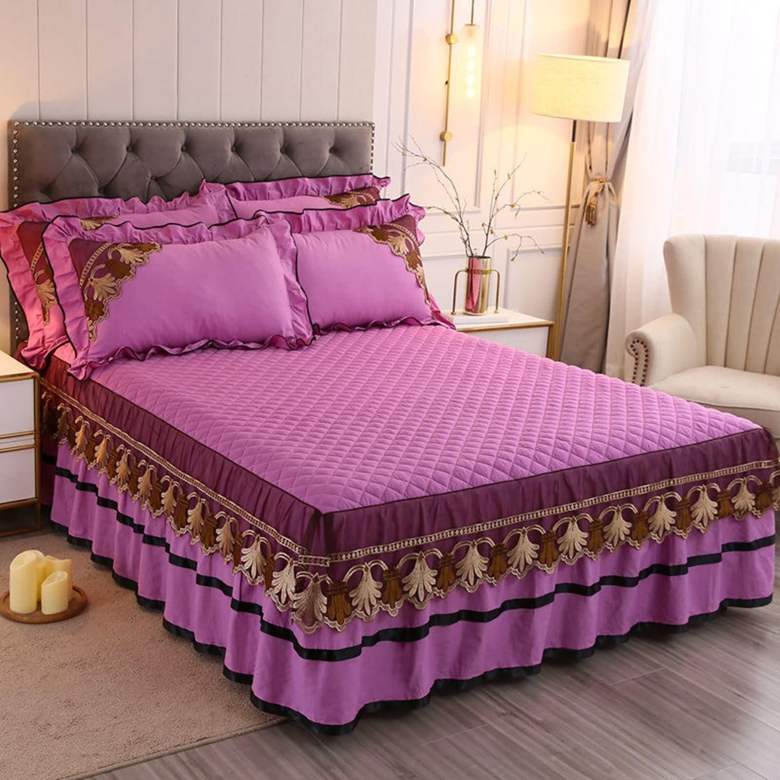 3-częściowy zestaw pościeli na łóżko king size bawełna z elastycznymi taśmami, jednolity kolor z koronką, 177 x 188 cm + 2 poszewki na poduszki, fioletowy