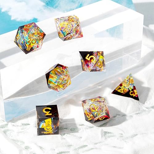 Vista 117 de DND - Juego de dados hechos a mano, 7 accesorios, dados de borde afilado para juegos TTRPG de Calabozos y Dragones, RPG multicara de resina Negro