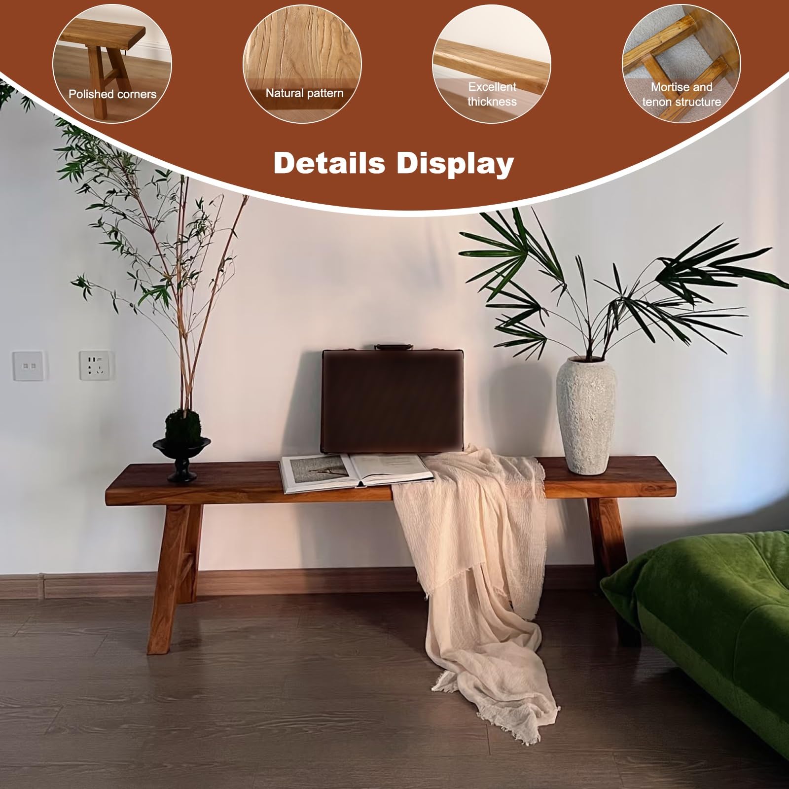 Banc d'entrée de Style campagnard en Bois Naturel Asiatique, Facile à Assembler, idéal pour Une Chambre, Une Salle à Manger, Un Salon, Une Cuisine ou Un Couloir (120 x 25 x 45 cm)
