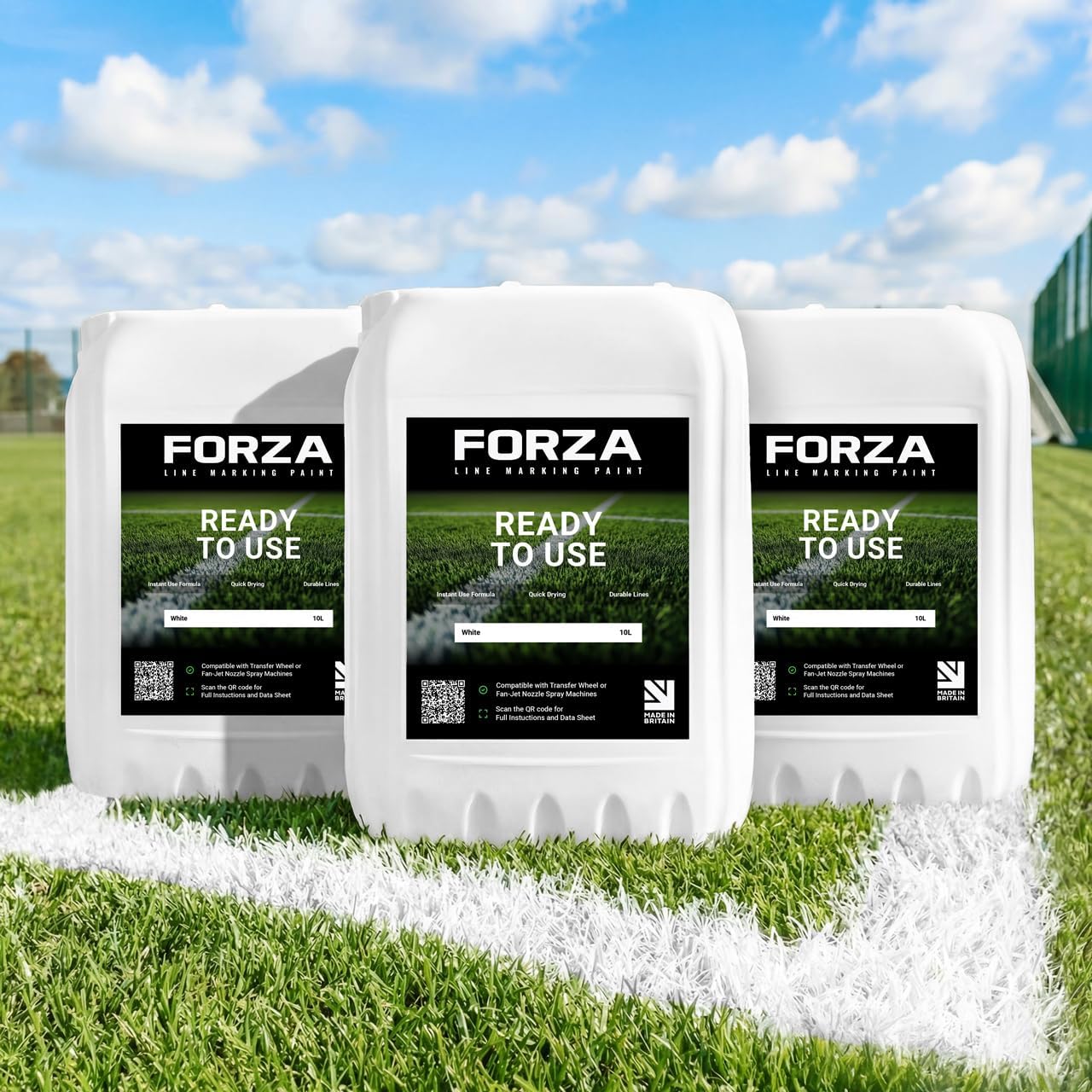 FORZA Ready To Use Grass Pitch Line Marking Paint [10L | 15KG] | Quick-Dry, Weatherproof, High-Visibility White Paint for Sports Pitches | Suitable for Wheel-To-Wheel Machines - Pack of 1, 3, 5