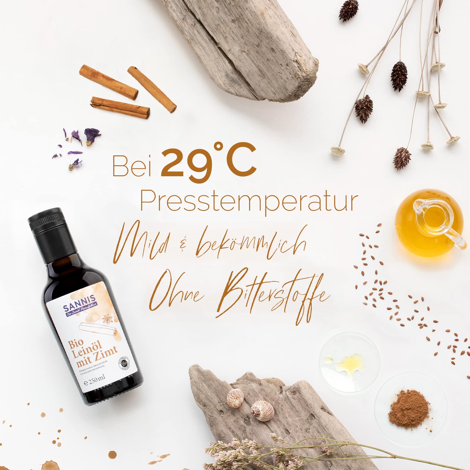Sannis Bio-Leinöl mit Zimt 250 ml I Leinsamenöl aus kontrolliert biologischem Anbau I kaltgepresst & ungefiltert I reich an Omega-3-Fettsäuren I Leinöl ideal für Müsli, Quark & Joghurt