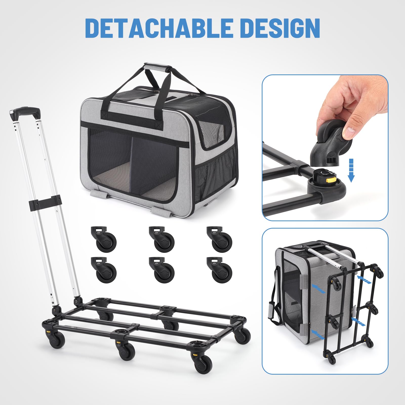 Trasportino Trolley XL per 2 Gatti Grandi o Cani Piccoli, 6 Ruote Stabili, Spazio Ampio 2-in-1, Fino a 20 kg, Con Mesh Traspirante e Manico Telescopico