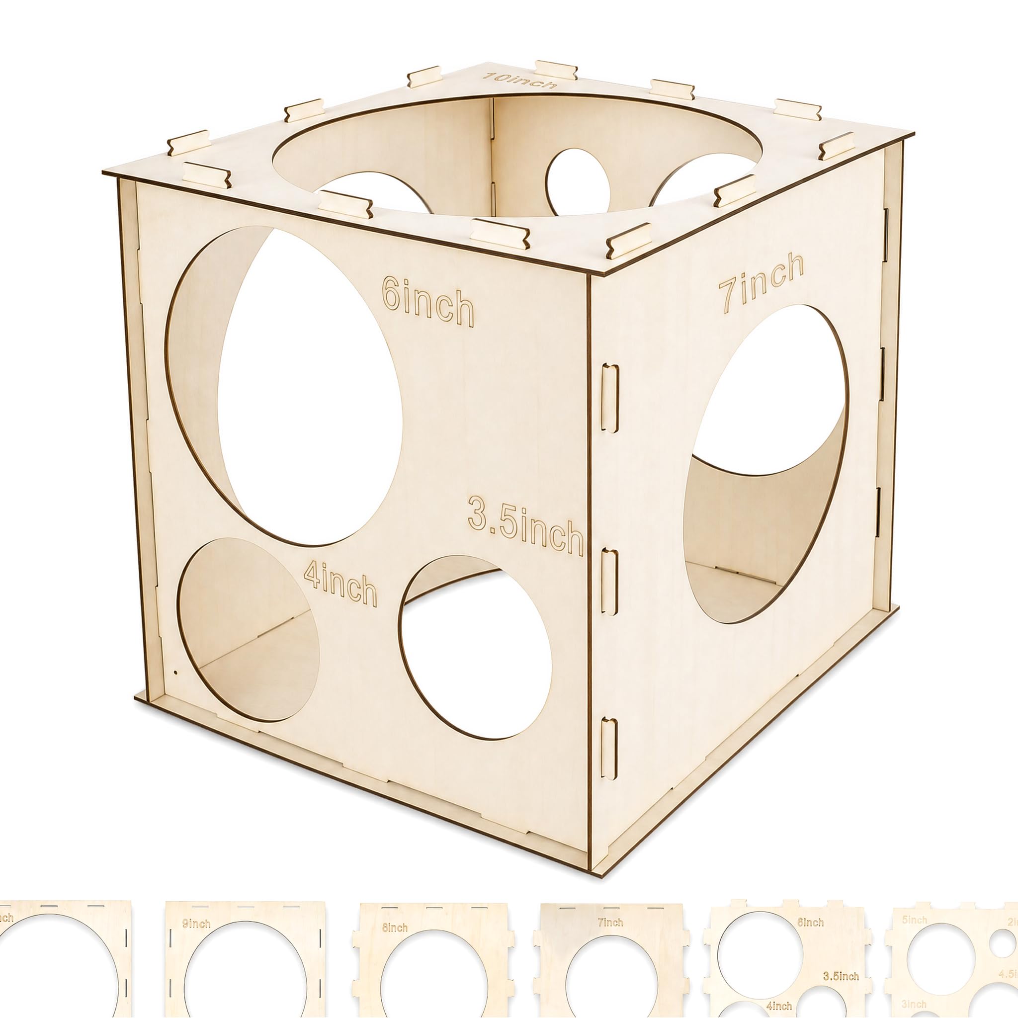 Collapsible Balloon Sizer Box 11 Hole Wooden Measuring Cube 2-10 Inch with 36 Rubber Bands PCIQUTE