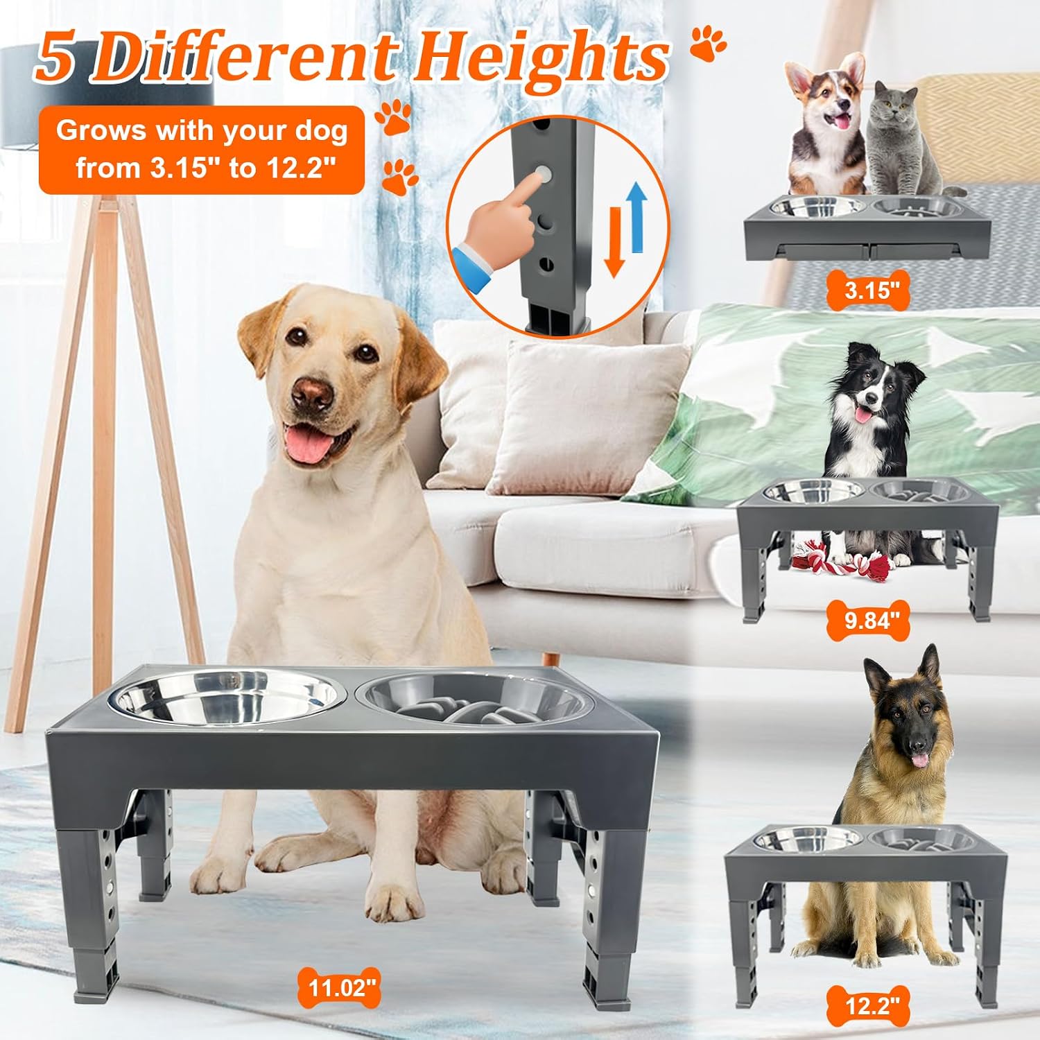 Elevated Dog Bowls Slow Feeder - 5 Height Adjustable Raised Dog Bowl Stand - 2 Stainless Steel Bowls, 1 Slow Feeder Dog Bowls and 1 No Spill Dog Water Bowl Dispenser (Black)