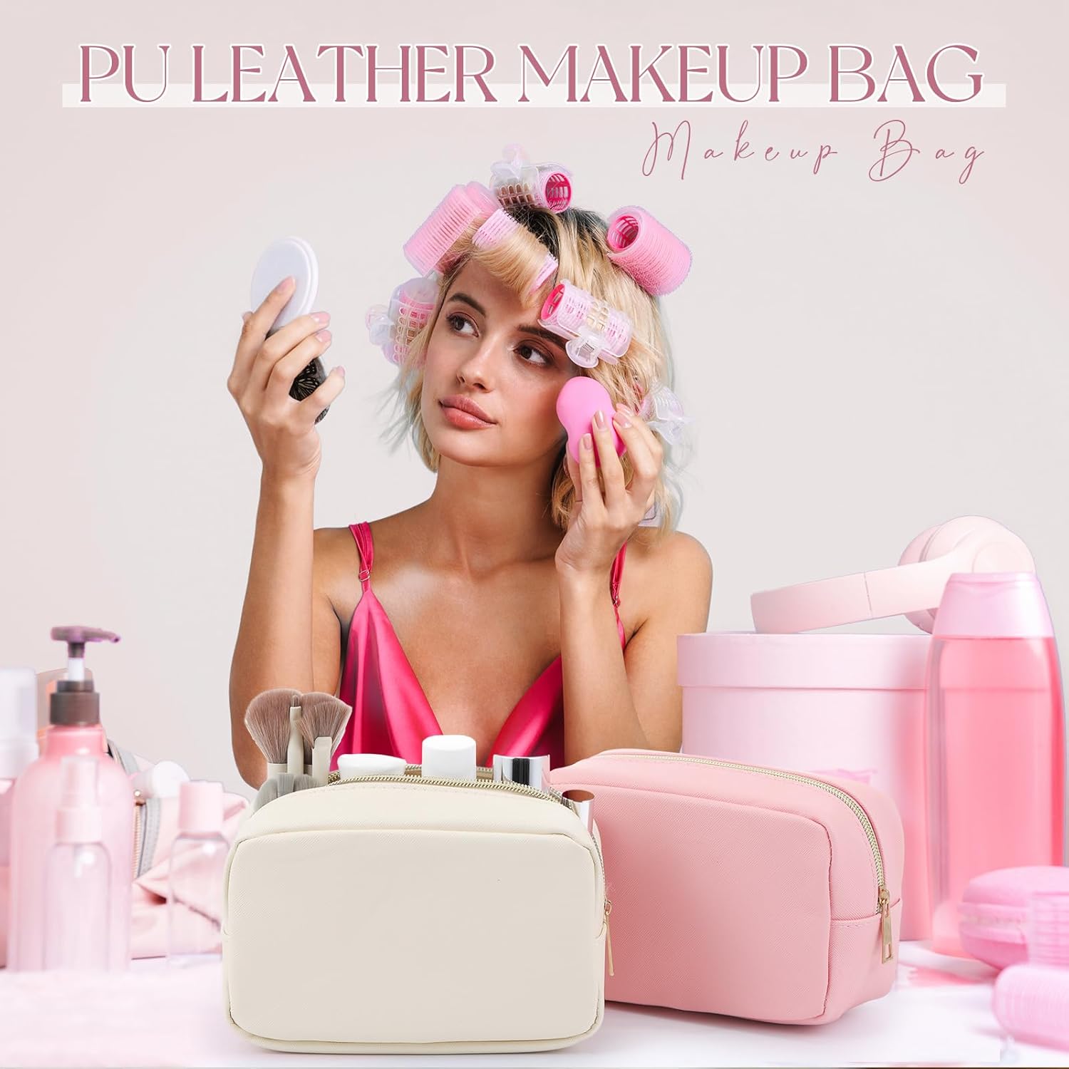 Sweetude 10 Pcs Makeup Bag Bulk for Women Preppy Gift PU Leather Cosmetic Bag Small Skincare Toiletry Pouch Mother Travel Cosmetic Pouch for Bridesmaid Bride Wedding Gift Favors (Pink)