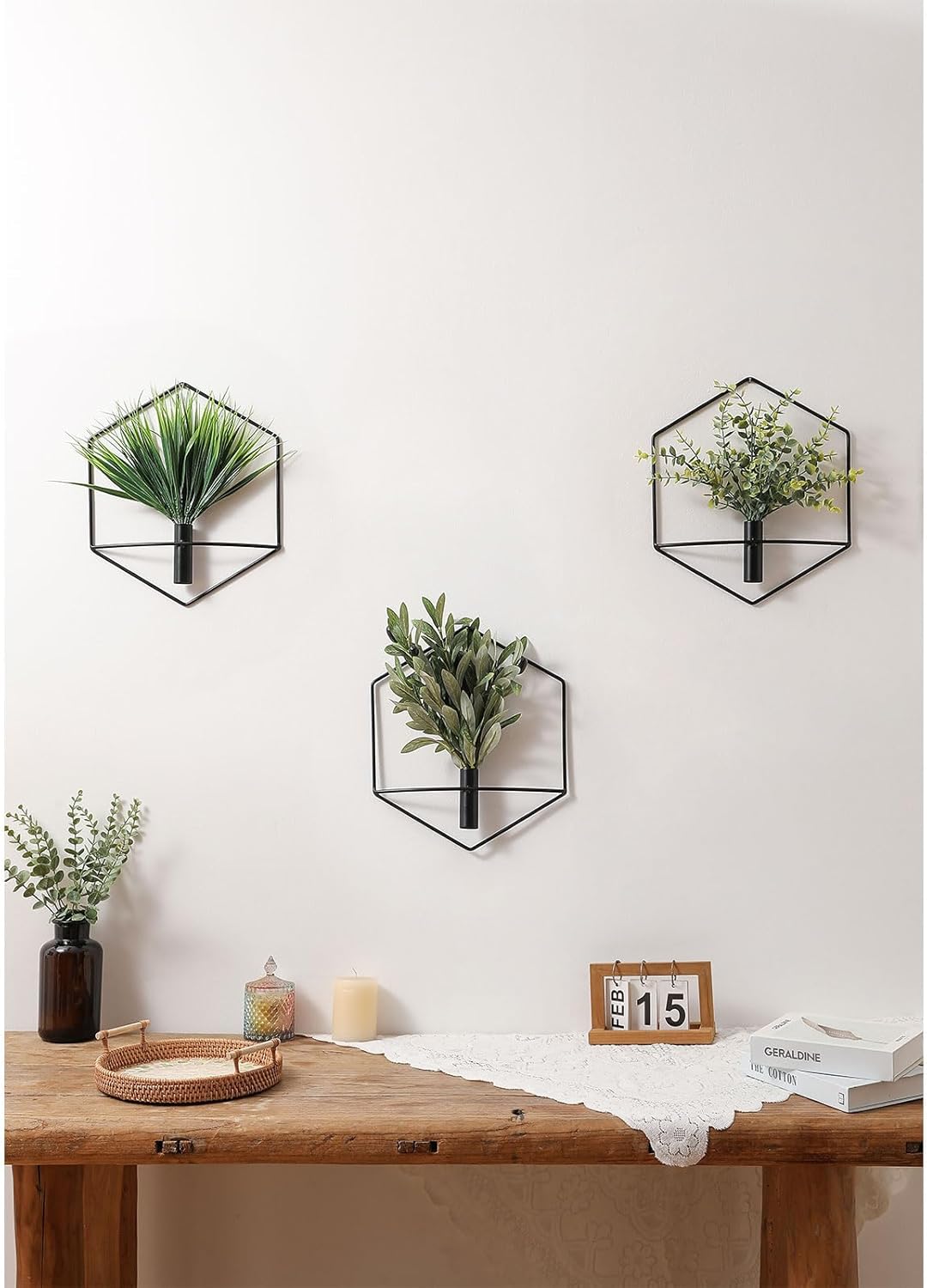 Pretty Jolly Wall Decor, Hexagonal Wall-Mounted Metal Wall Decor, Hanging Artificial Plant Indoor Display, Wall Art Living Room, Bedroom, Honeycomb Greenery Wall Decor 3 Pack Black Oliver