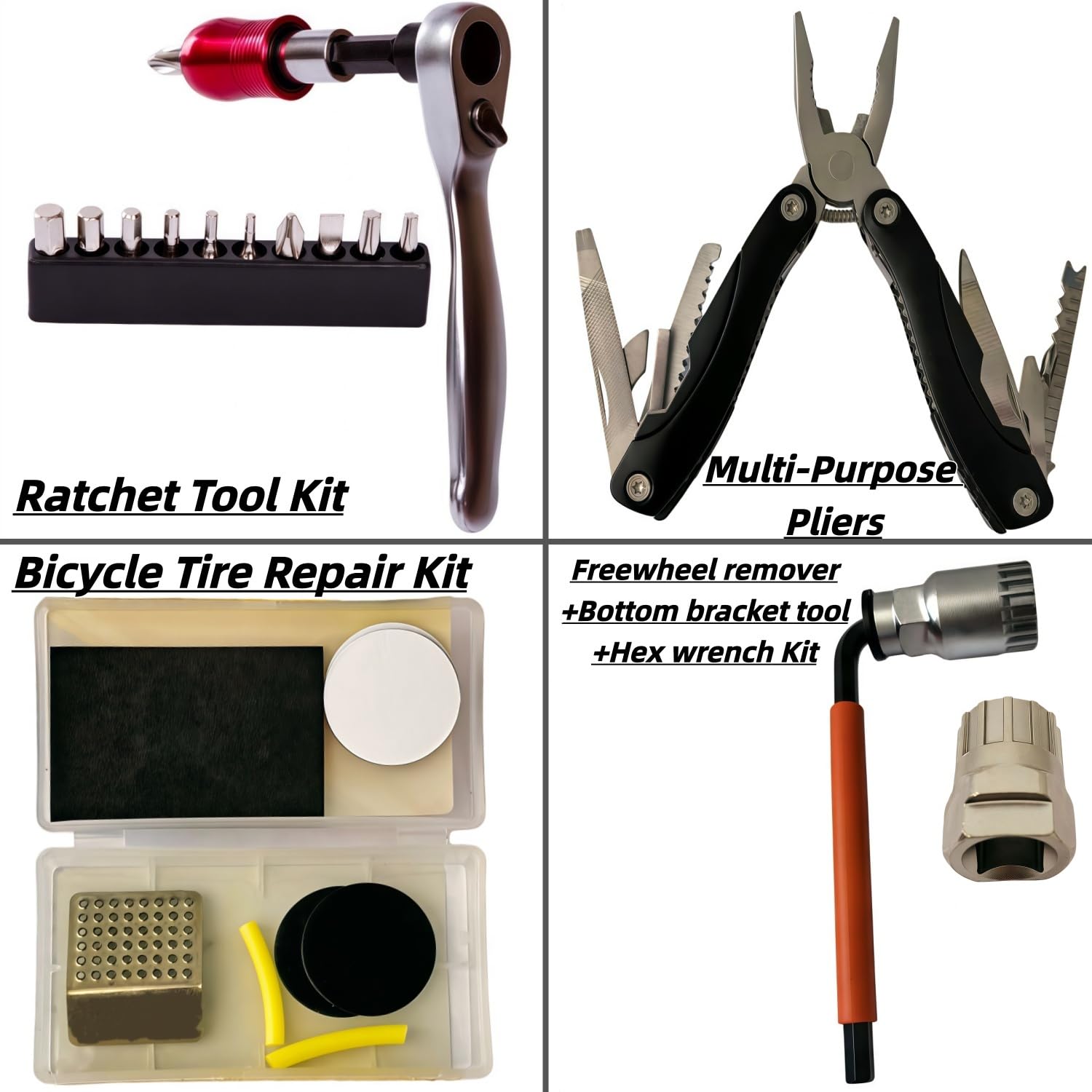 YBEKI Bicycle Repair Set - Ratchet Tool Kit With Chain Tool, Tire Repair Kit, Pedal Wrench, 6 Month Warranty
