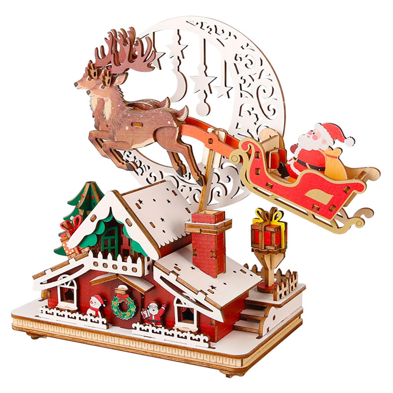 Oxxggkao Customizable Wood Christmas Music Box with LED Lighting and Melodies Building Puzzle Mechanical Ornament Party Gift Musical Christmas Decoration