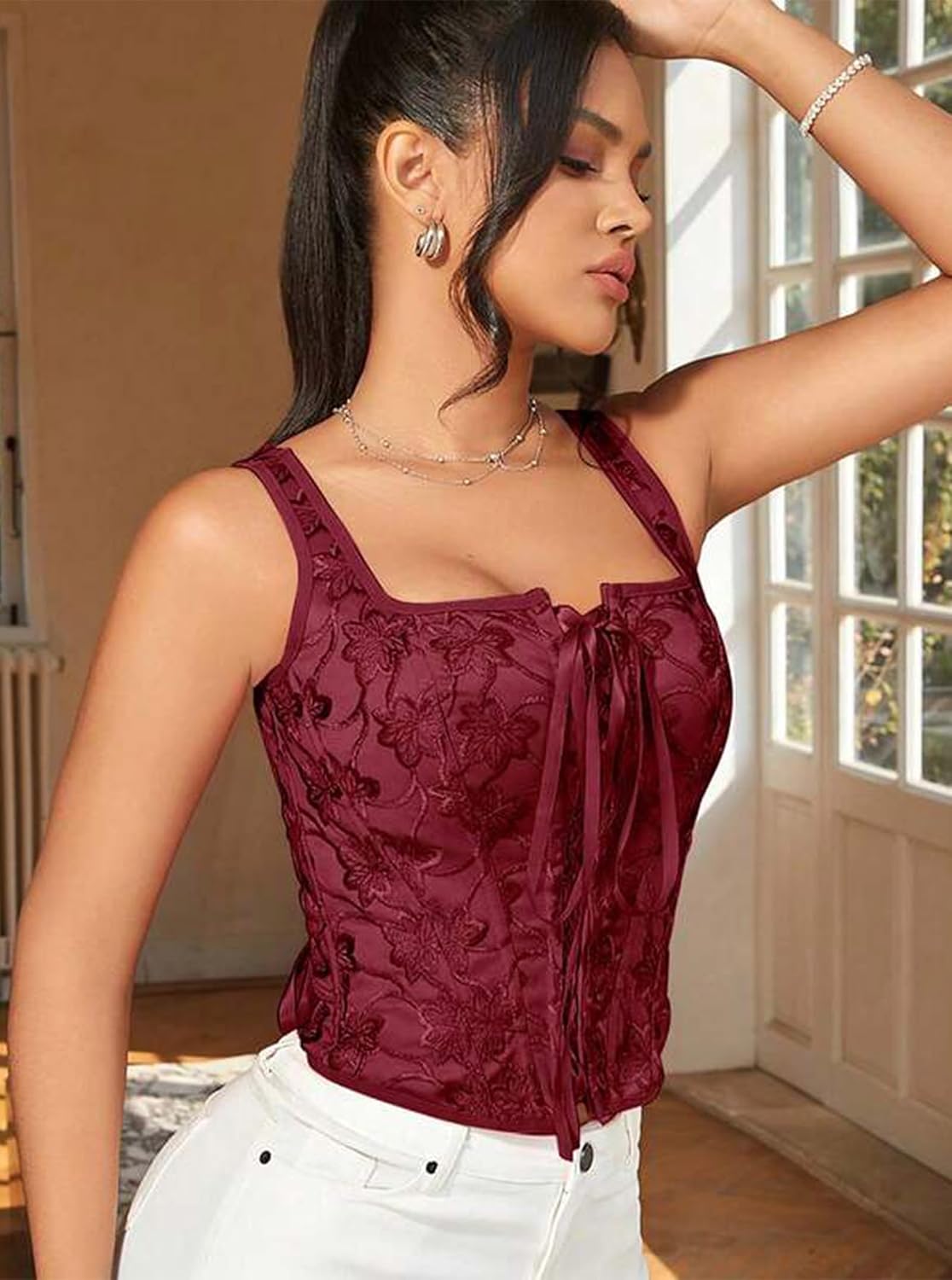 Corset Tops for Women Renaissance Fairy Floral Lace Up Bustier Top