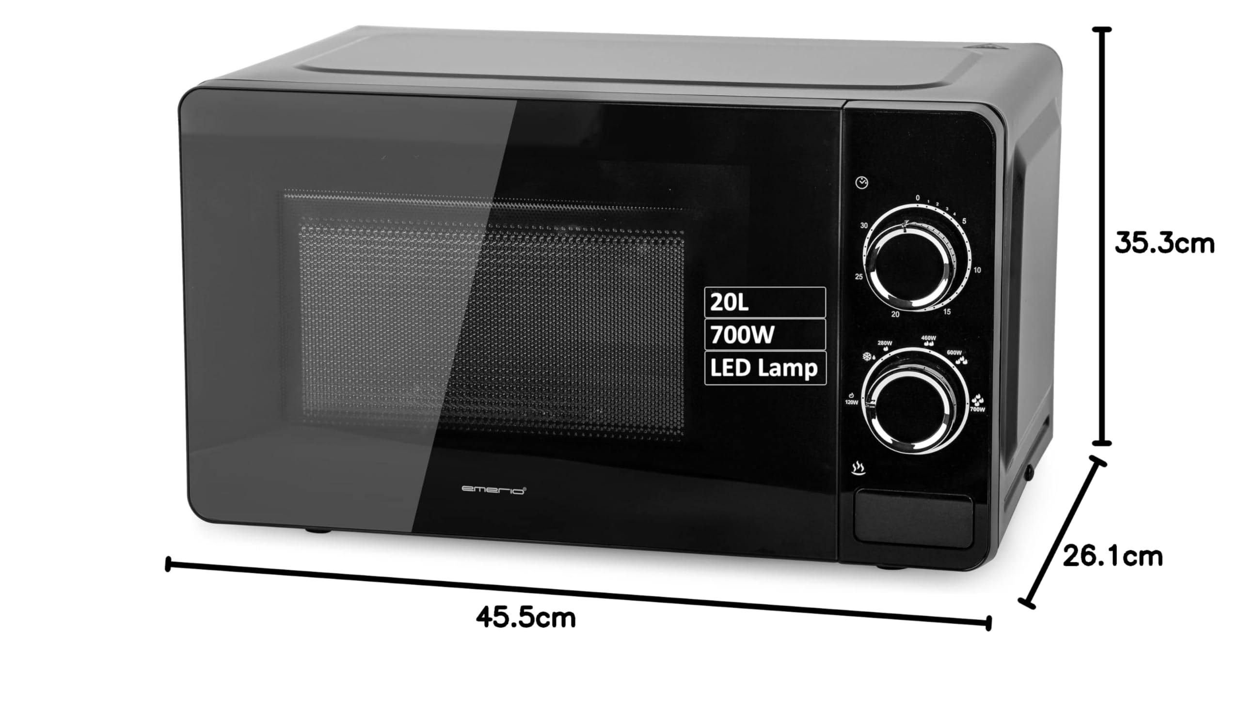 EMERIO Microonde con 6 livelli di potenza e 700 Watt, volume 20 l, timer da 30 minuti, illuminazione interna, funzione scongelamento, piatto girevole a 360° in vetro | MW-131692