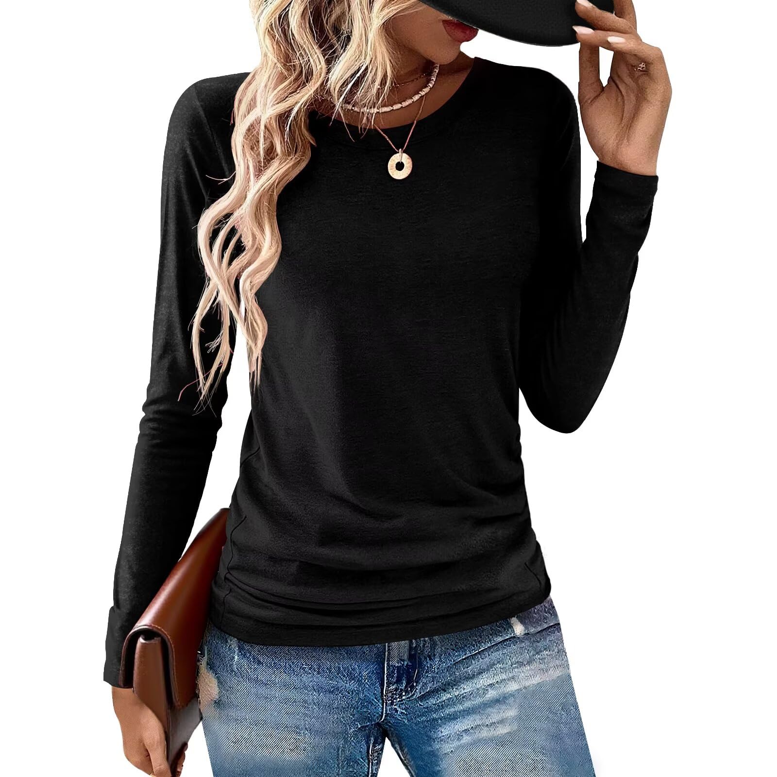 2 Pack Womens Tops Crewneck Soft Long Sleeve Shirts Fall Clothes Casual Tshirts Basic Tee