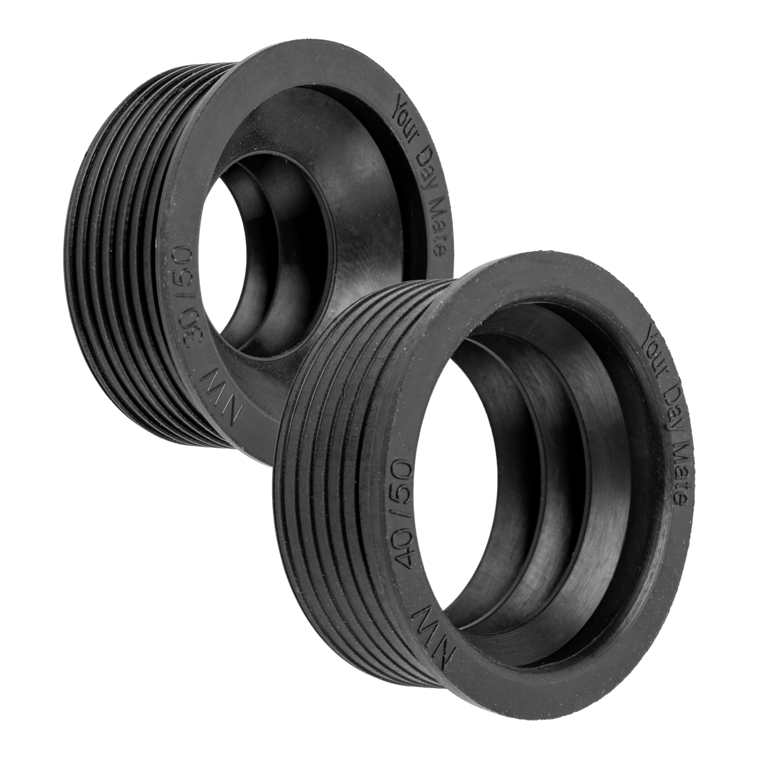 Siphon Rubber Sleeves, 2 Pieces, NW 30/50 and NW 40/50, for DN50 Drain Pipe Inside Ø 50 mm and 1 ¼" to 1 ½" Siphon Pipe Outside Ø 28-40 mm, Ø 55 mm Stop Collar, 25 mm Long Rubber Nipple