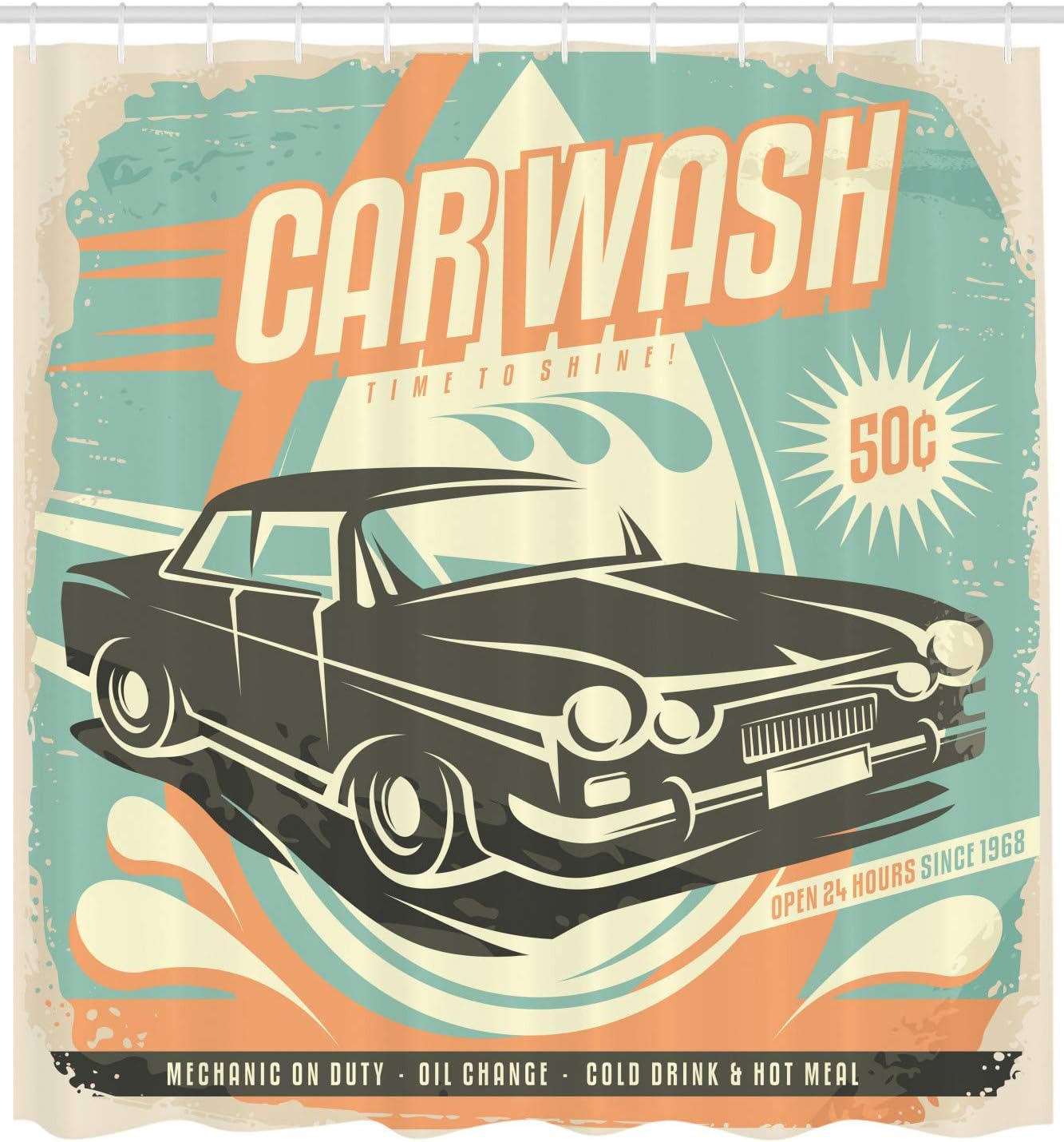 Ambesonne Cars Shower Curtain, Retro Car Wash Poster Mechanic Repair Cleaning Grunge Advertising, Cloth Fabric Bathroom Decor Set with Hooks, 69" W x 75" L, Pale Orange Turquoise