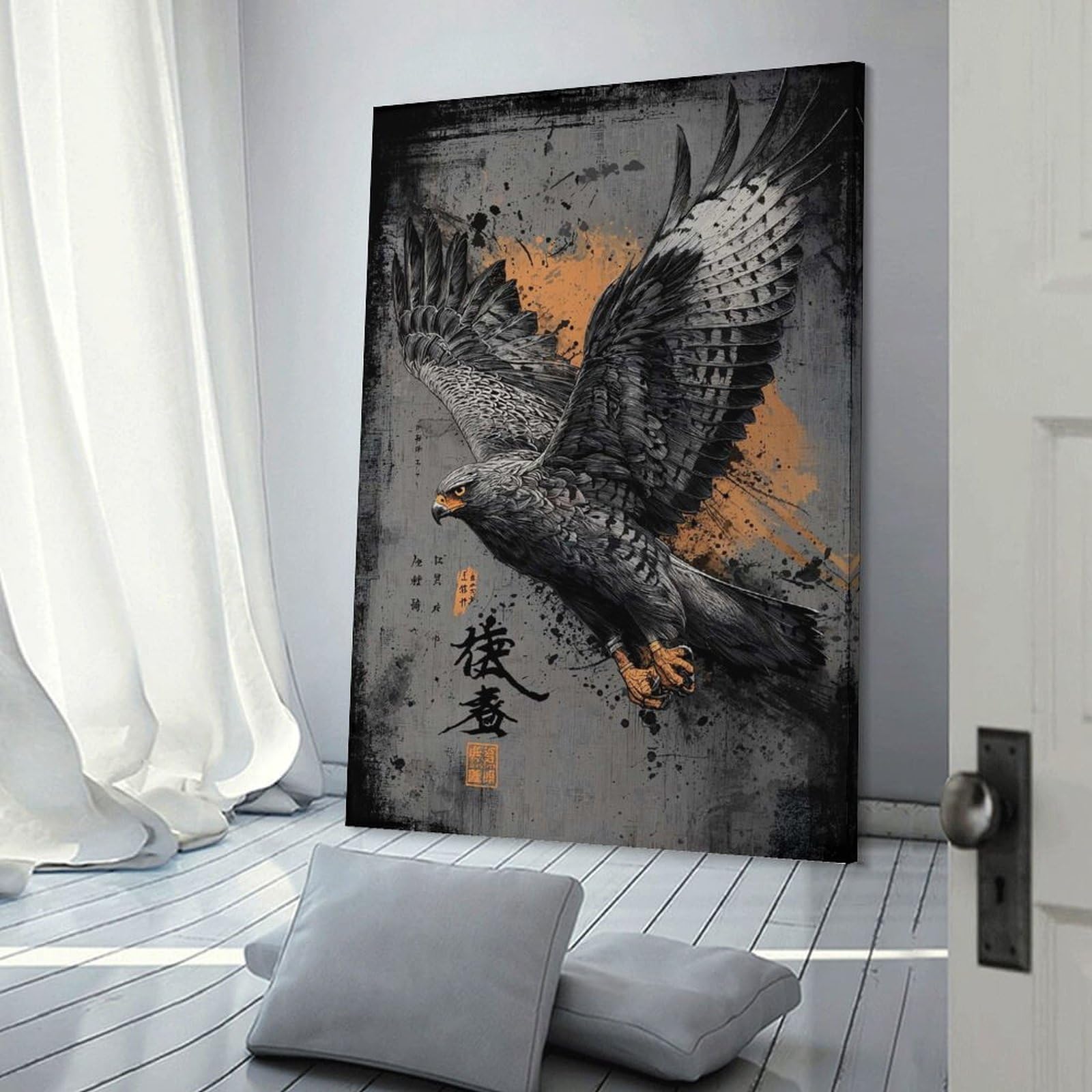 Junmoney Frame-Style-5 Soaring Eagle With Japanese Calligraphy Wall Picture Print, 20X30inch(50X75cm), For New Homes, Bedrooms Or Workspaces, Thoughtful Wall Decor For Art Lovers