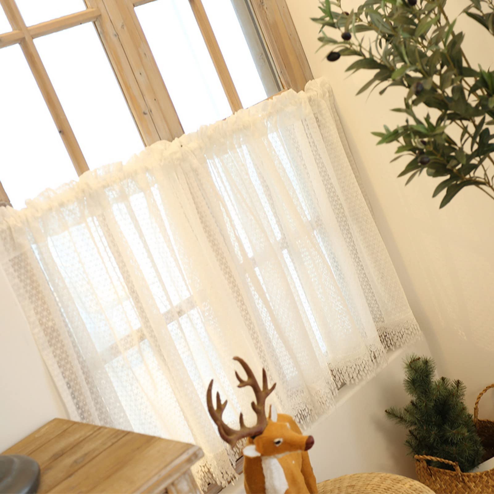 A.Monamour Gardine Scheibengardinen Kurzstores Weiße Transparente Voile Spitze Schneeflocken Textur mit Wassertropfen Quasten Kurzvorhang Kurzgardinen Küche Vorhang Fenster Kurz Stores Bistrogardine
