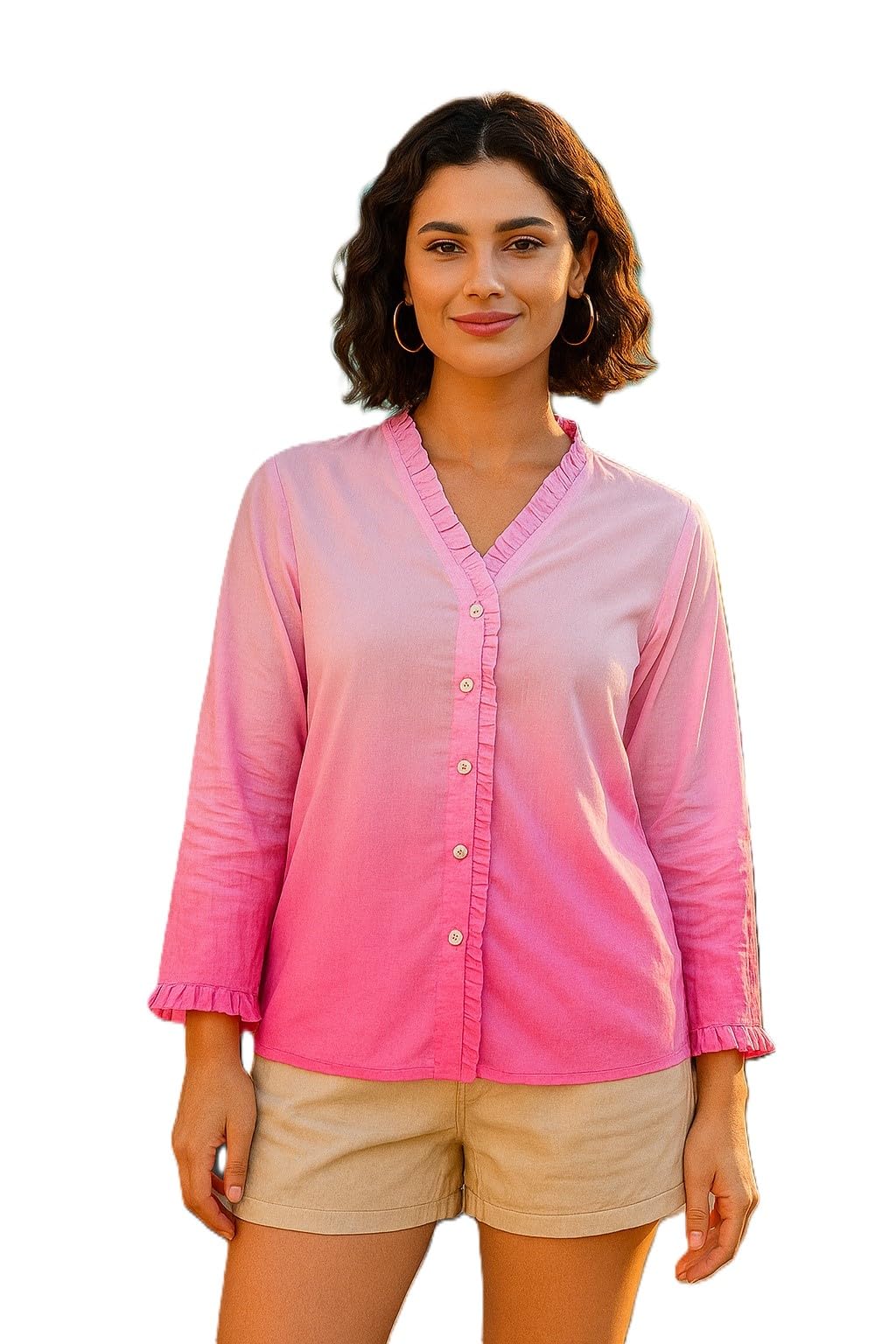maaesa Women Pink Ombre Lightweight Rayon Top | Ruffle Trim | Button Front | Long Sleeve | Lightweight & Breathable Fabric | Casual Wear | Office Wear-picture-22