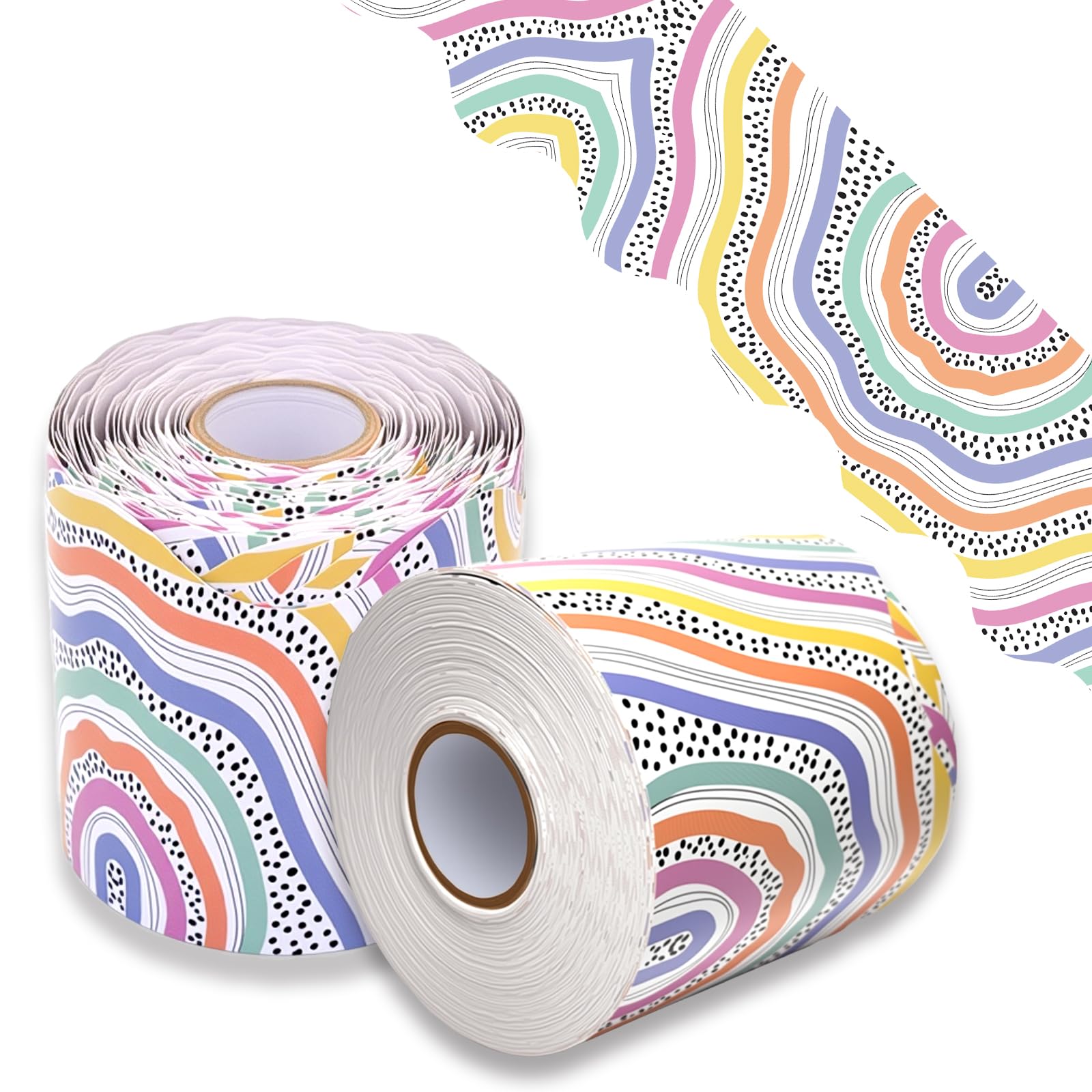 RONNAECO 65.6ft Bulletin Board Borders Scalloped Roll, Colorful Boho Classroom Decor for Teachers, Rainbow Paper Trim for Whiteboard Blackboards &