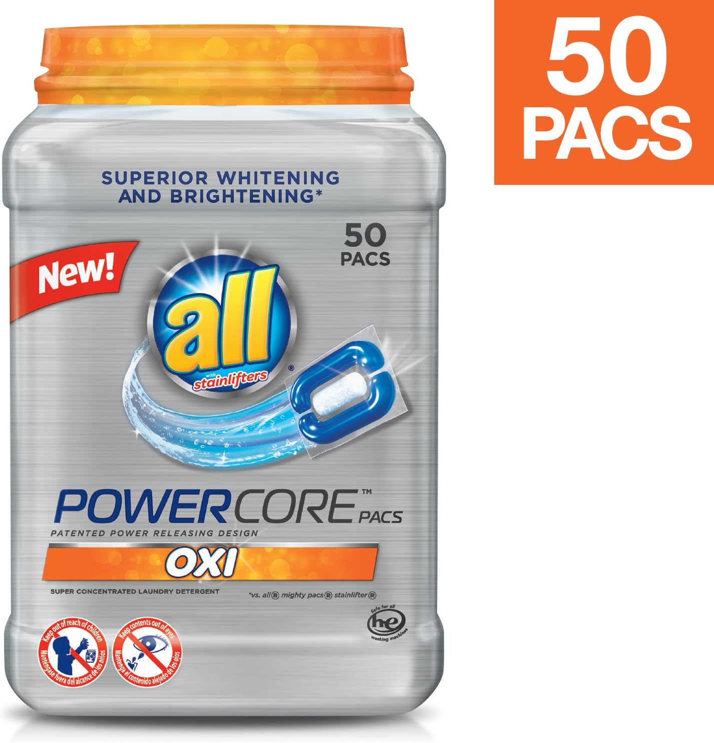all Powercore Pacs Laundry Detergent with OXI, Tub, 50 Count