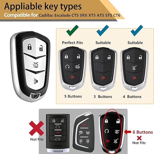 Miniatura 5 de Funda para llavero Cadillac con llavero de cuero, funda avanzada de TPU suave con superficie de cuero de grano para Cadillac Escalade CTS SRX XT5
