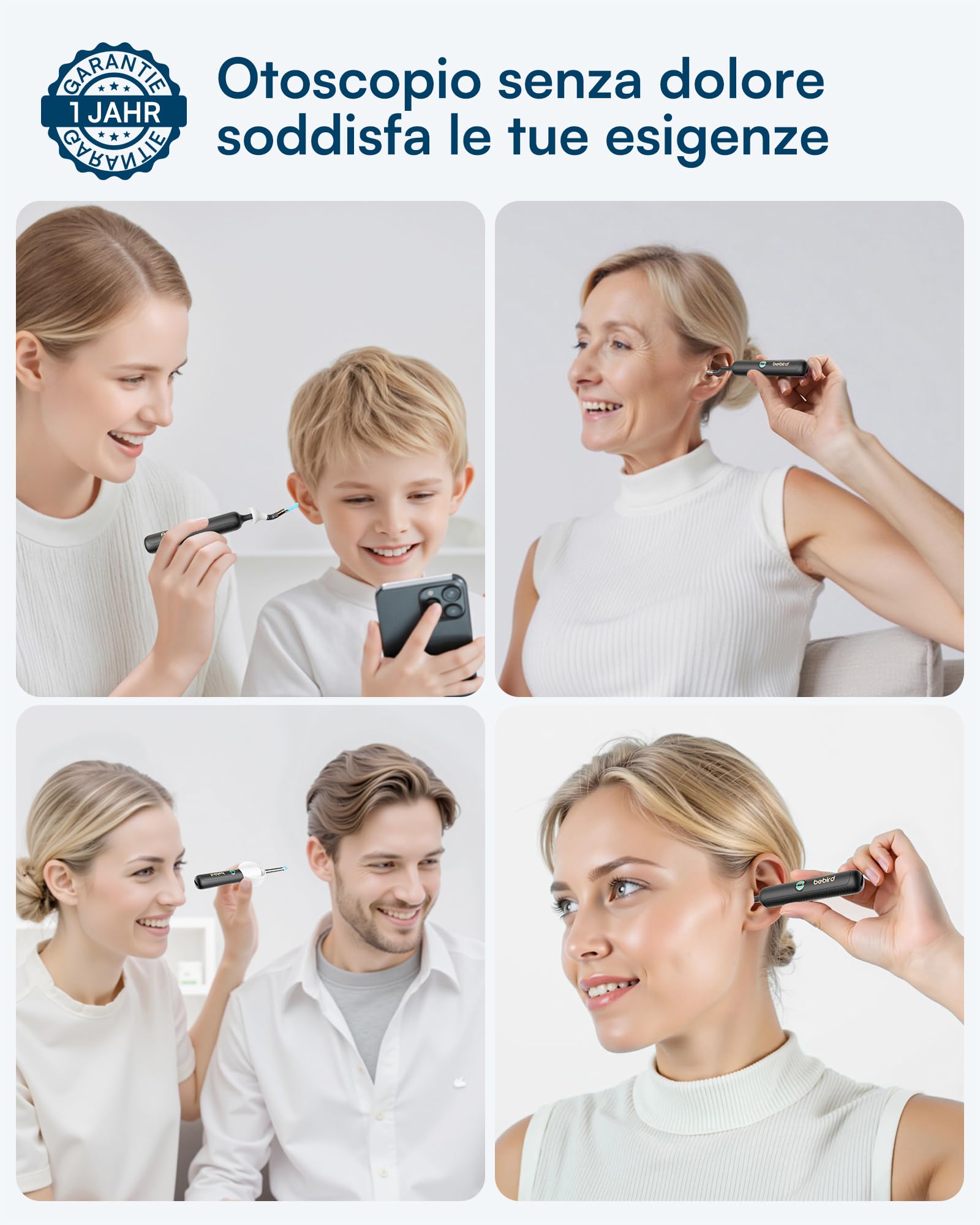Bebird Otoscopio Digitale, 1920P HD Flessibile Pulisci Orecchie con Telecamera, Kit Rimozione Cerumeper Orecchie/Naso/Gola, Pulizia Orecchie con Pinzette, Punte Sostituibili per Adulti e Bambini