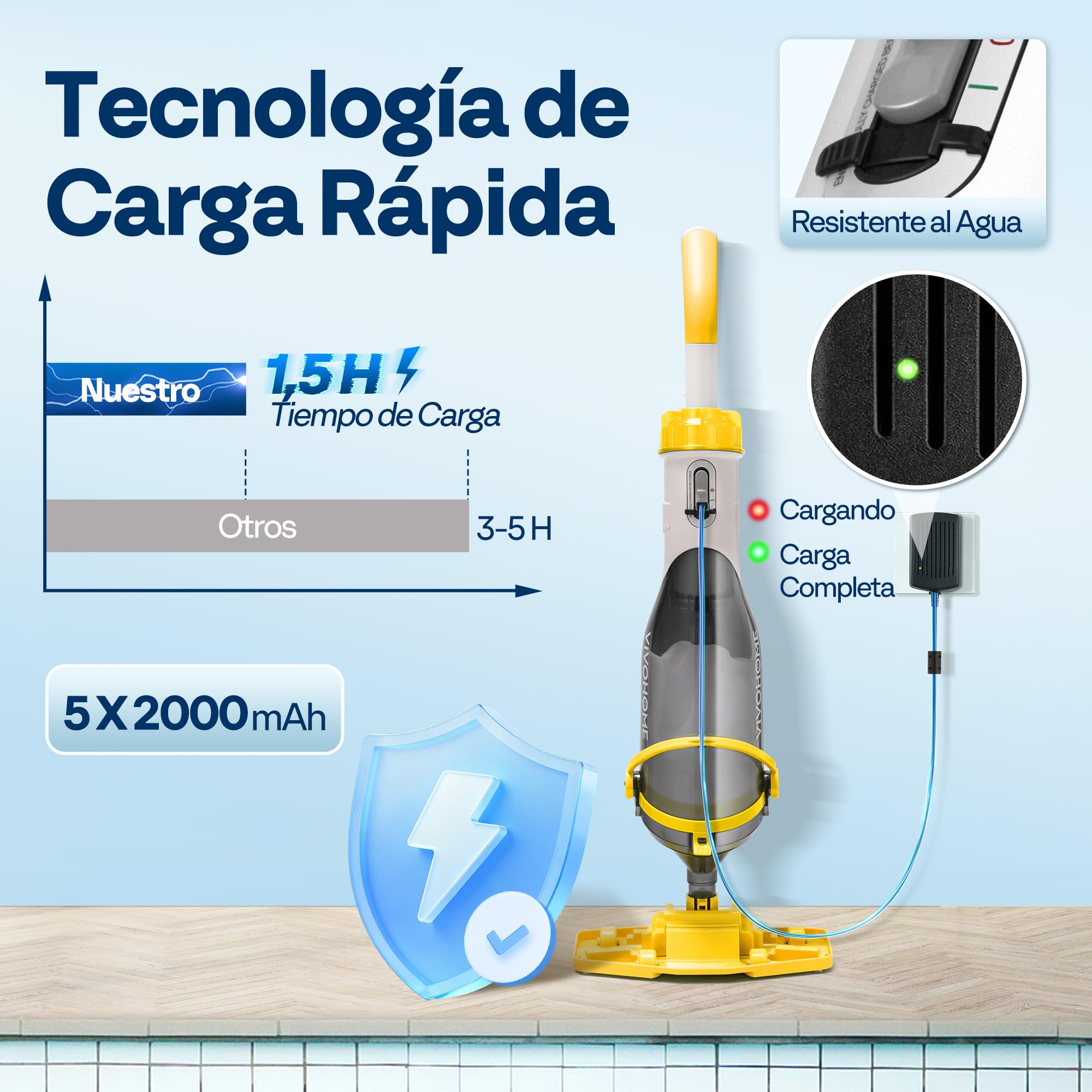 VIVOHOME 278cm Aspirador de Piscina Inalámbrica con Succión Fuerte de 4200LPH, Limpiafondos Piscina Autonomía de 60 Minutos para Piscinas Spas y Jacuzzis