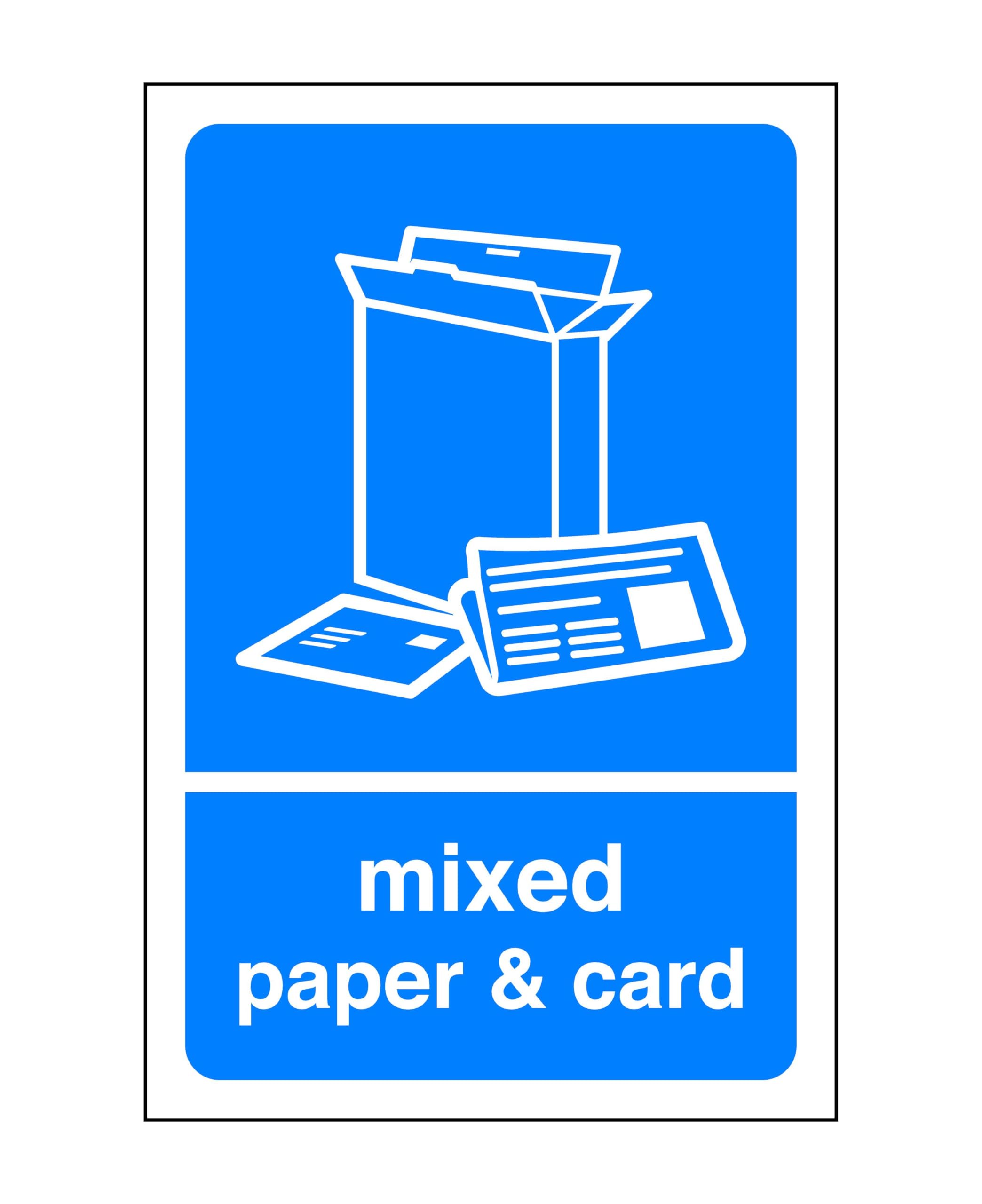 Mixed paper & card recycling sign - safety signs(Pack of 5) - High tack self-adhesive sticker (150mm x 100mm) Viewing Distance within 3m.