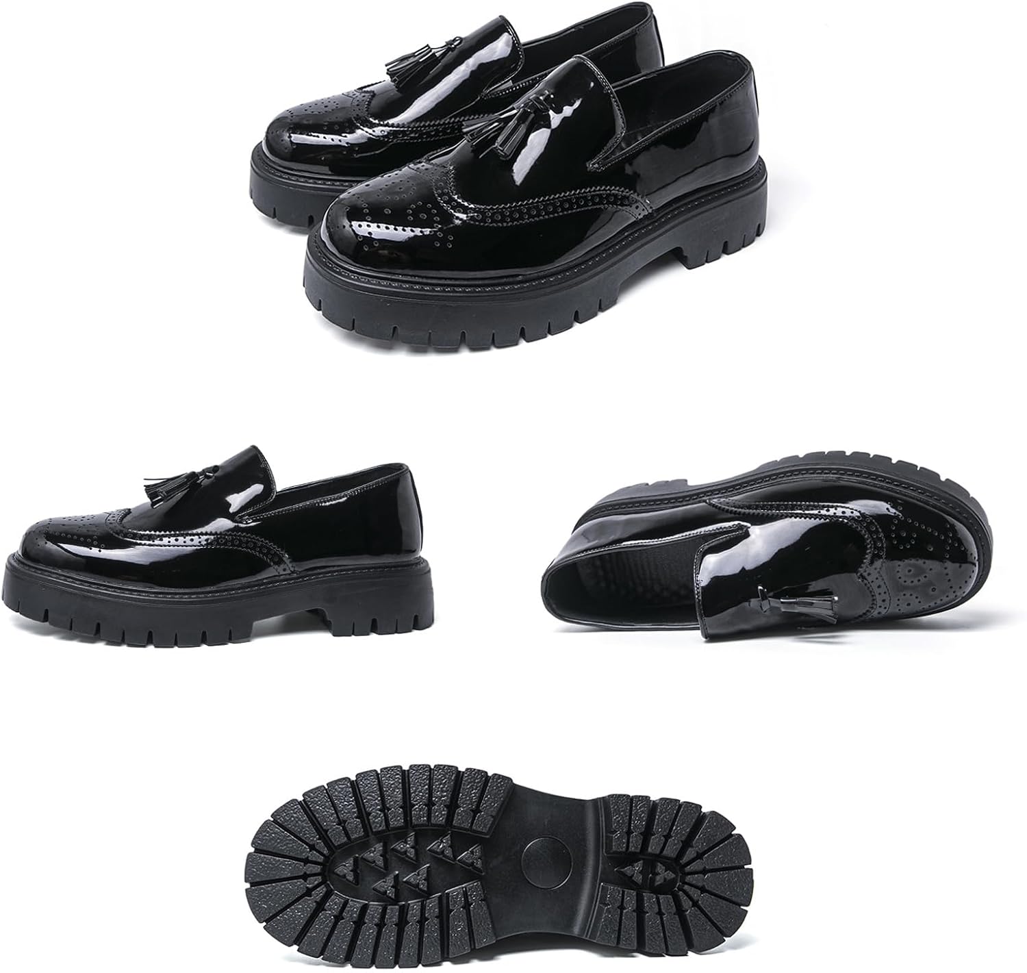 Men's Black Patent Leather Slip-On Platform Loafers Fashion Brogue Tassel Non-Slip Lug Sole Penny Formal Shoes for Business Work Party