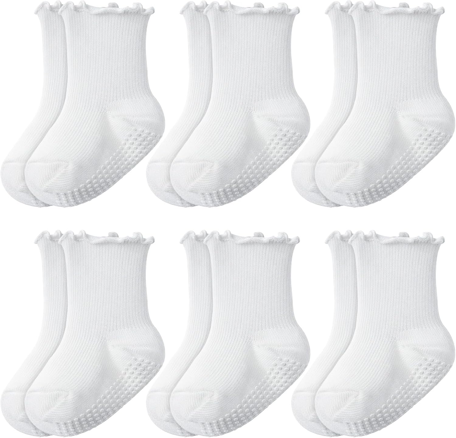Bremorou 6Pairs Baby Non Slip Ankle Sock with Grippers Toddler Girl Ruffle Socks, Kids Ruffle Socks Baby Girl Grip Sock Frilly Cute Grippy Comfortable for 0 Months-7 Years Old Walking, White