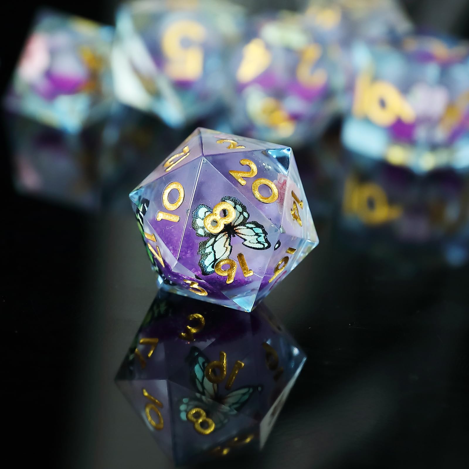 Liquid Core 7 piece Resin Polyhedral Dice Set - Dungeons & Dragons RPG Set, Butterfly Themed Dice With D20, D12, D10, D8, D6, D4 - Image 2