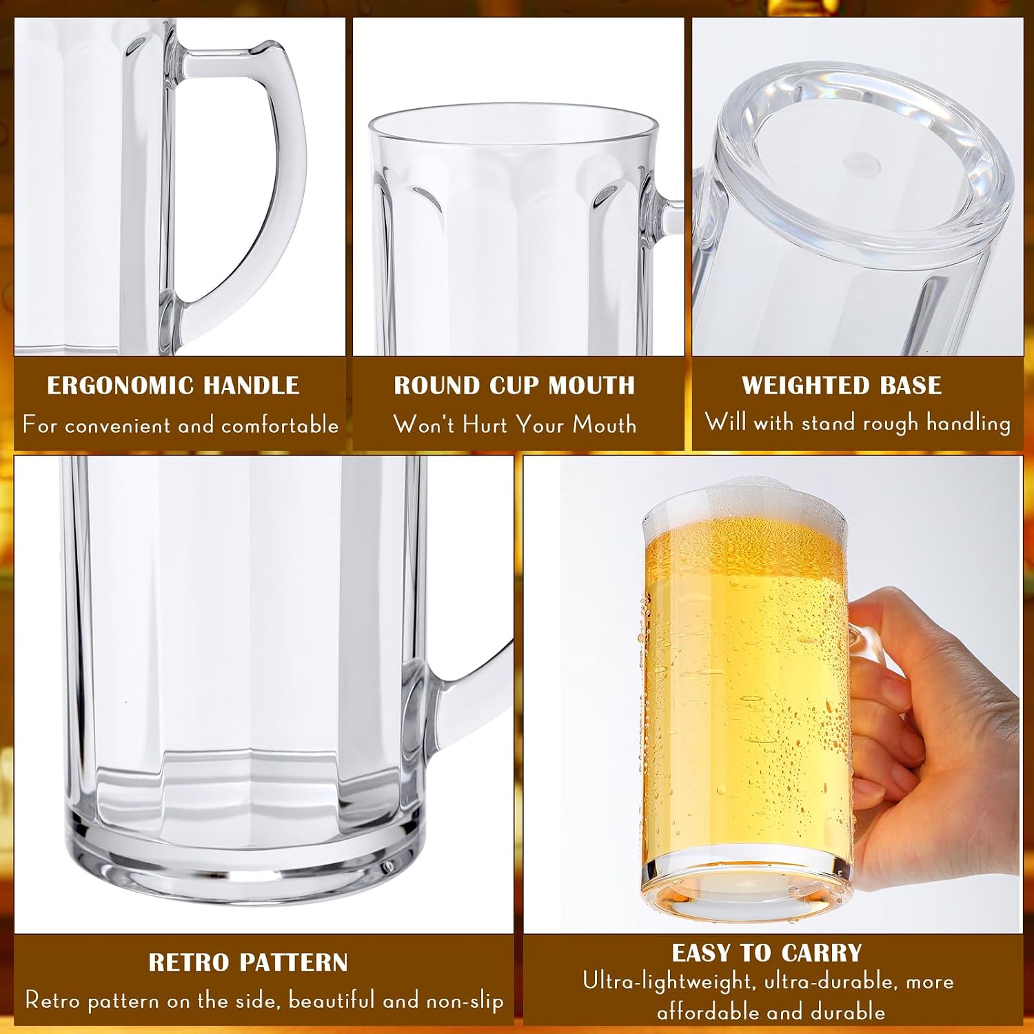 Domensi 24 Pcs 12 oz Plastic Beer Mugs with Handles Clear Plastic Steins Beer Glasses with Handle Reusable, Classic Mugs for Whiskey Juice Coffee Tea Cocktail