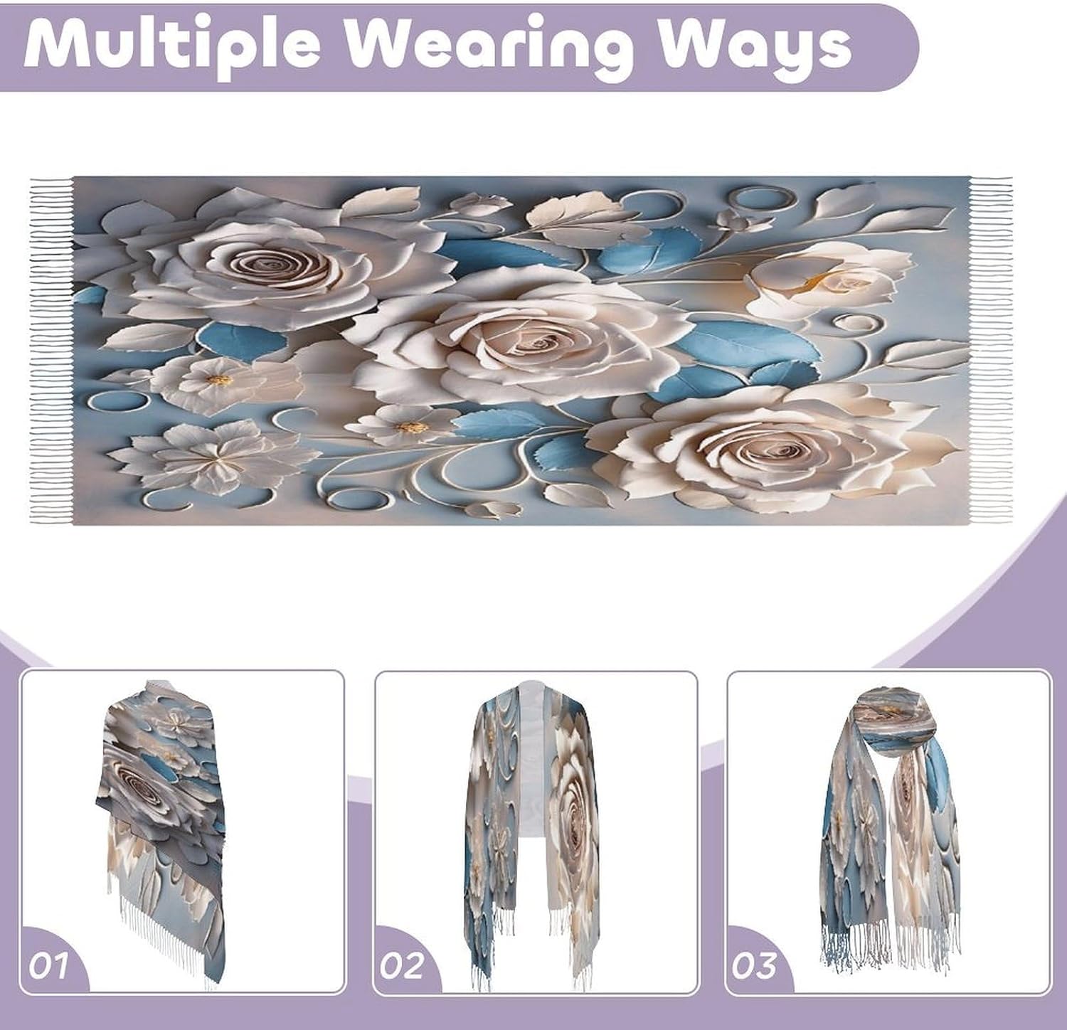 Rose Elegant Decorative Floral Scarf for Women Men Classic Fashion Blanket Scarves Soft Cashmere Feel Scarf Cold Weather Warm Long Shawl Winter Large Scarves Classic Blanket Scarfs Thick