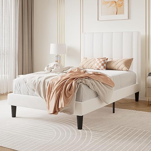 Miniatura 11 de SHA CERLIN Marco de cama matrimonial/plataforma tapizada de terciopelo con cabecero, soporte de listones de madera resistente, base de colchón, no