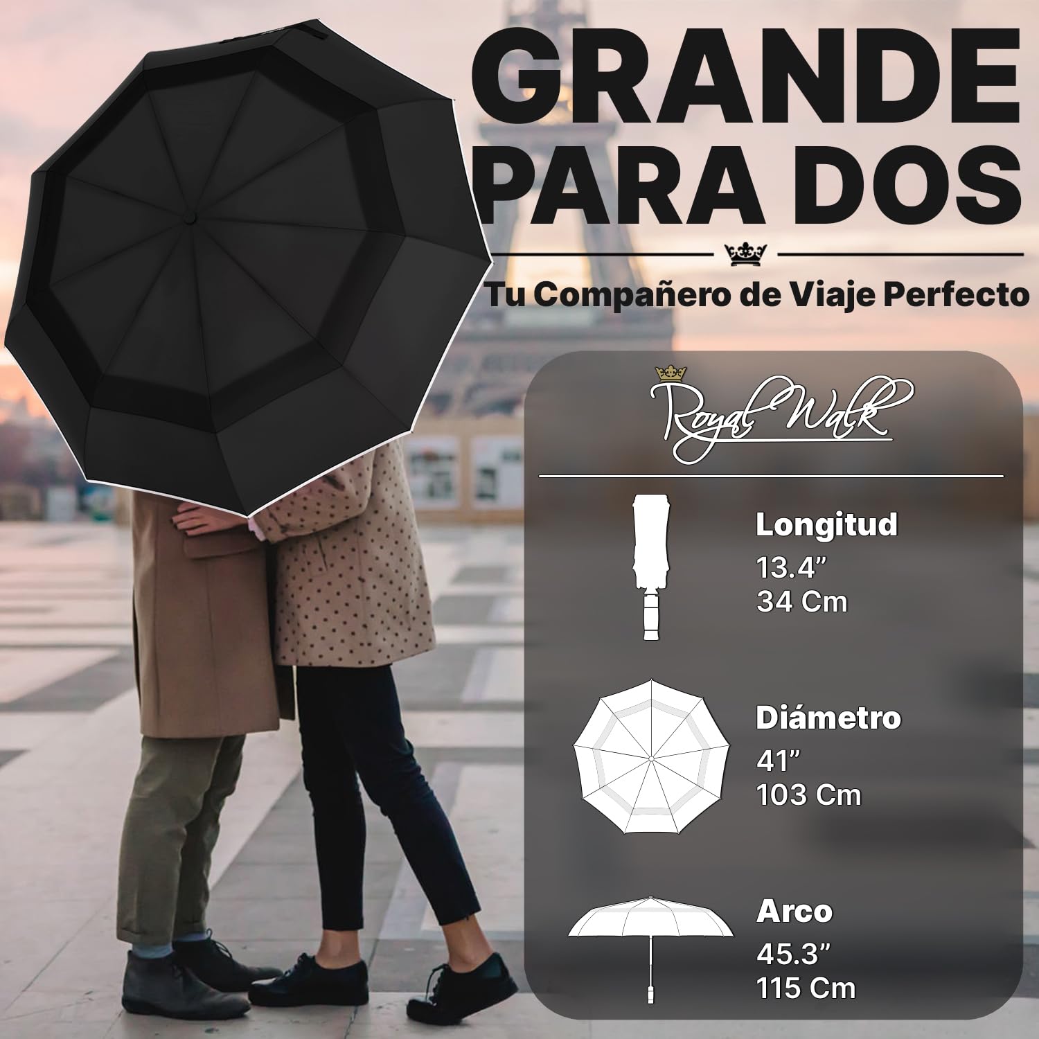 Royal Walk Paraguas de viaje plegable resistente al viento, compacto y fuerte, mango de madera auténtica, apertura automática, doble toldo ventilado para hombres y mujeres, Black, L, Moderno