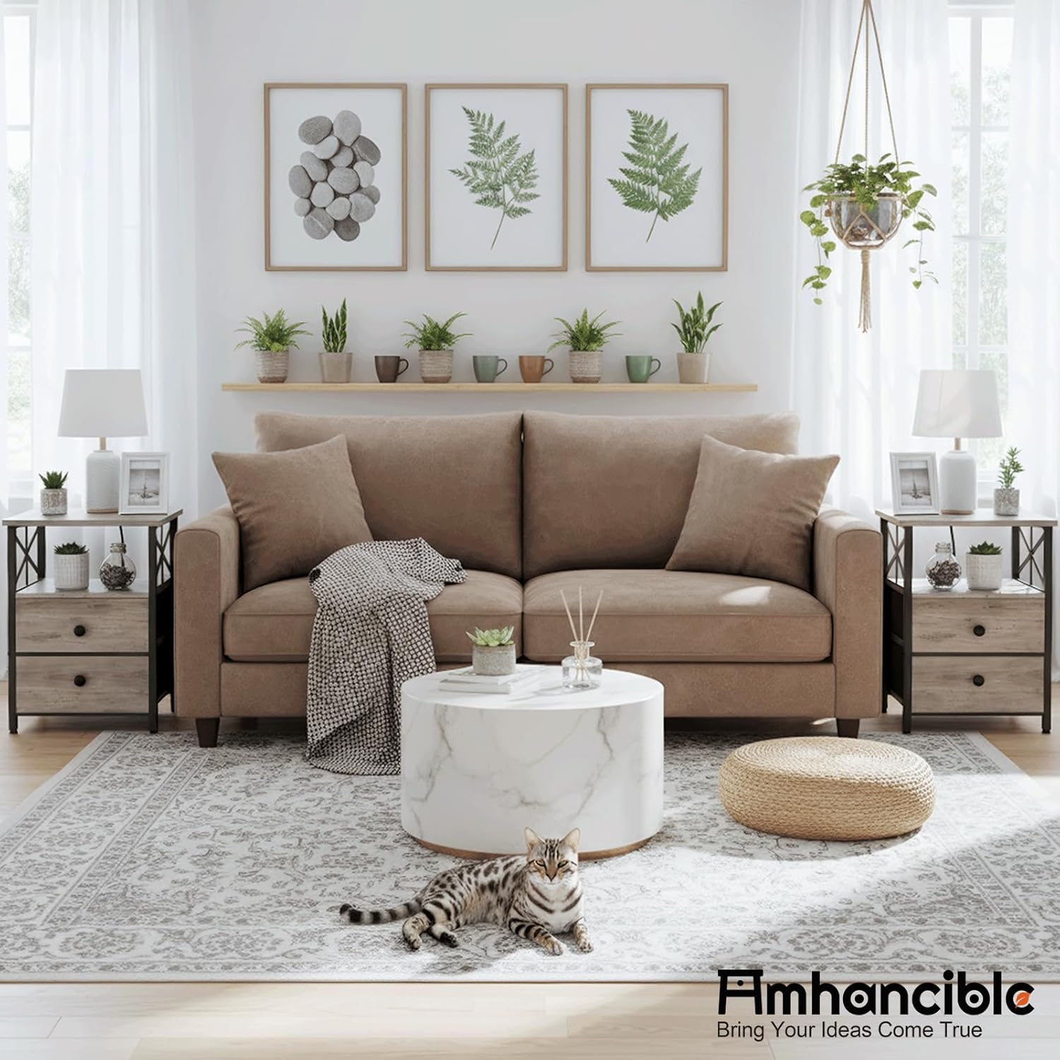 AMHANCIBLE Night Stand Set 2, Nightstand with Charging Station, End Tables Living Room with USB Ports and Outlets, Bedside Tables with Fabric Drawers for Bedroom, Greige HET05XGY