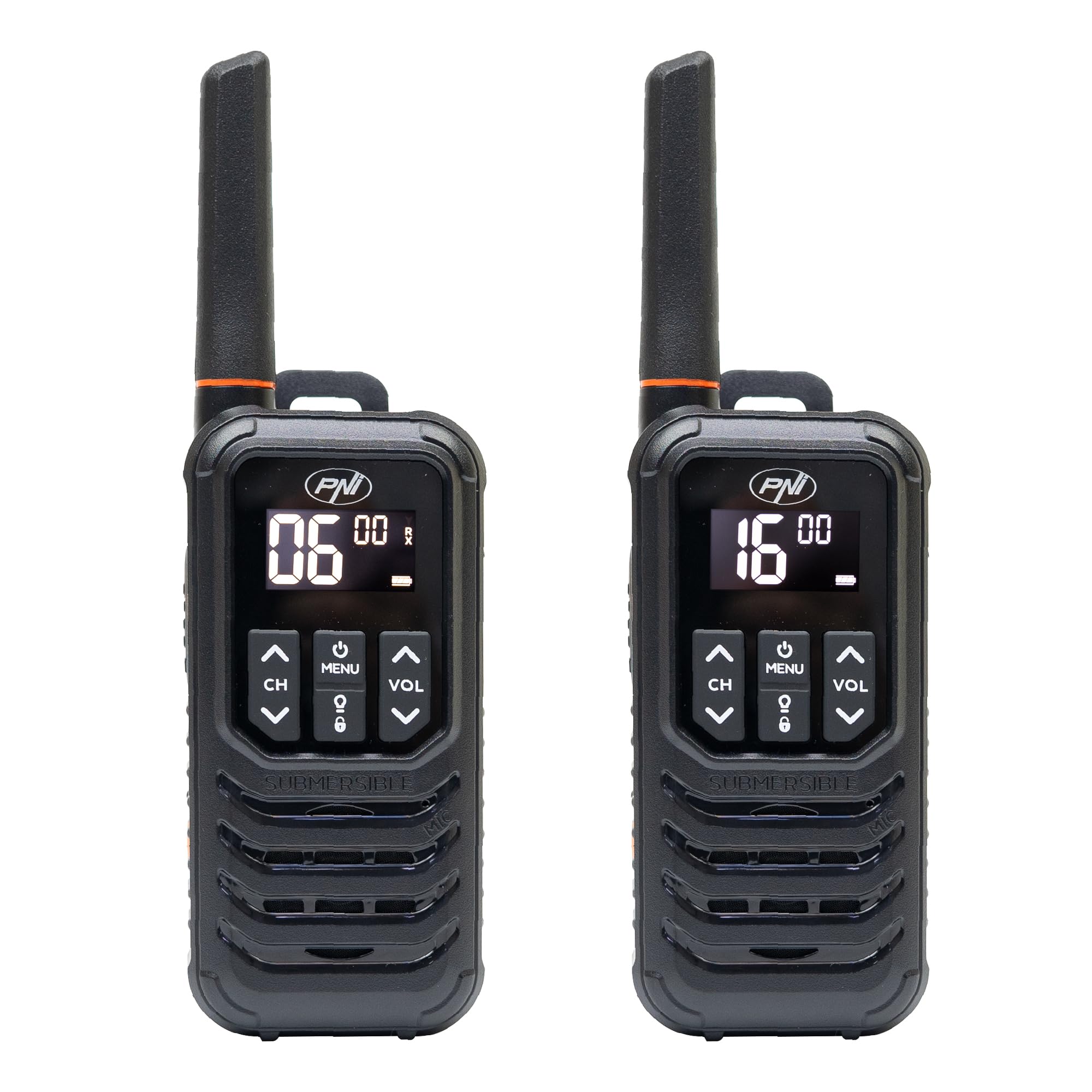 Stazione radio portatile PNI PMR R80 PRO, set di 2 pezzi, 0,5 W, impermeabile IP67, con torcia a LED, pulsante SOS, VOX, USB-C