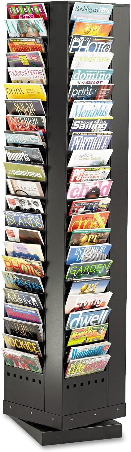 - Safco 4325BL Industrial Steel Rotary Magazine & File Rack - 92 Pocket, Black - 360° Rotational Steel Base, 5 lbs. Capacity Per Pocke