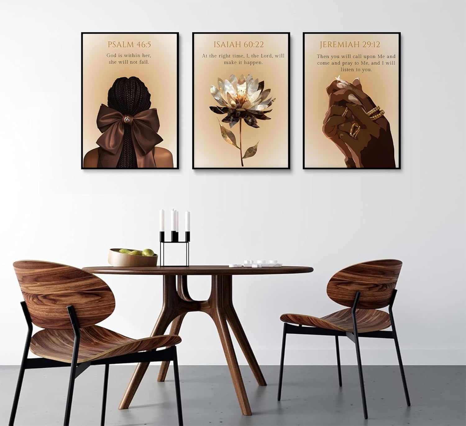 3Pcs Trend Black Girl Canvas Wall Art Christian Bible Verse Poster Prints Abstract Fashion Lotus Flower Pictures Wall Decor for Living Room Bedroom Home Decoration Unframed