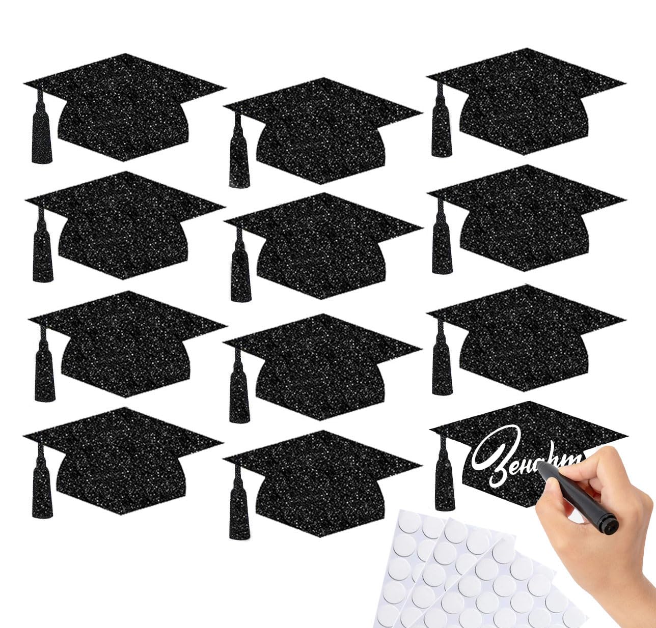 50Pcs Glitter Grad Caps Cutouts with 150Pcs Glue Points, Black Graduation Cap Cut Table Decorations for College Graduation Party Supplies