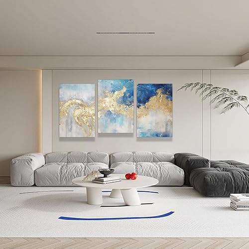 Miniatura 5 de MOSTUNNA Lienzo abstracto de 3 piezas de arte abstracto con textura de mármol azul y dorado, póster de lámina dorada, pintura nórdica moderna de