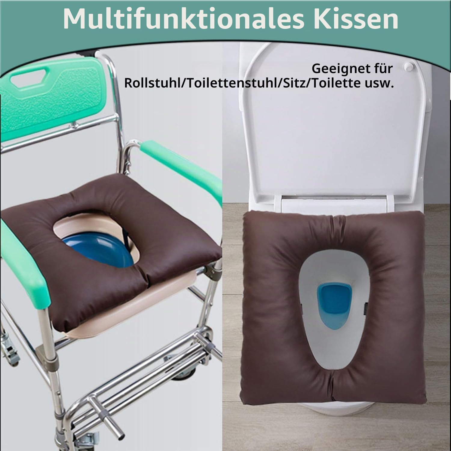 OXFUZZ Toilettenstuhl, Anti-Dekubitus-Kissen, PU-Duschstuhl-Sitzkissen, Dicke Baumwolle, weiches Polster für Nachttisch, Toilettenstuhl, wasserdichter Duschsitz, Rollstuhl für ältere Menschen, Braun,