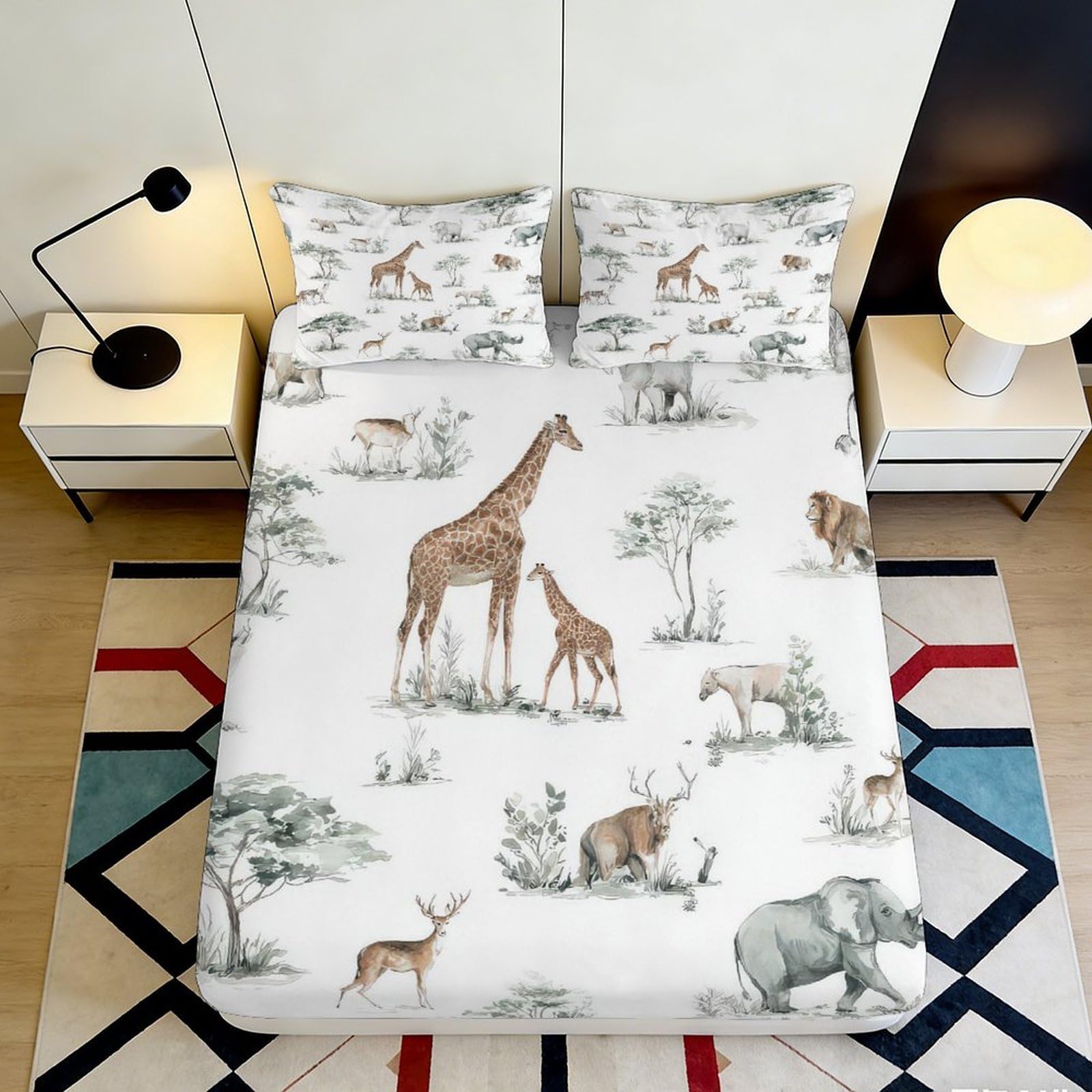 3D Printed Safari Animal Fitted Sheet Deep Pocket Microfiber Non-Slip Bedroom Bedding African Wildlife Mattress Fitted Cover Washable 200x200x25cm