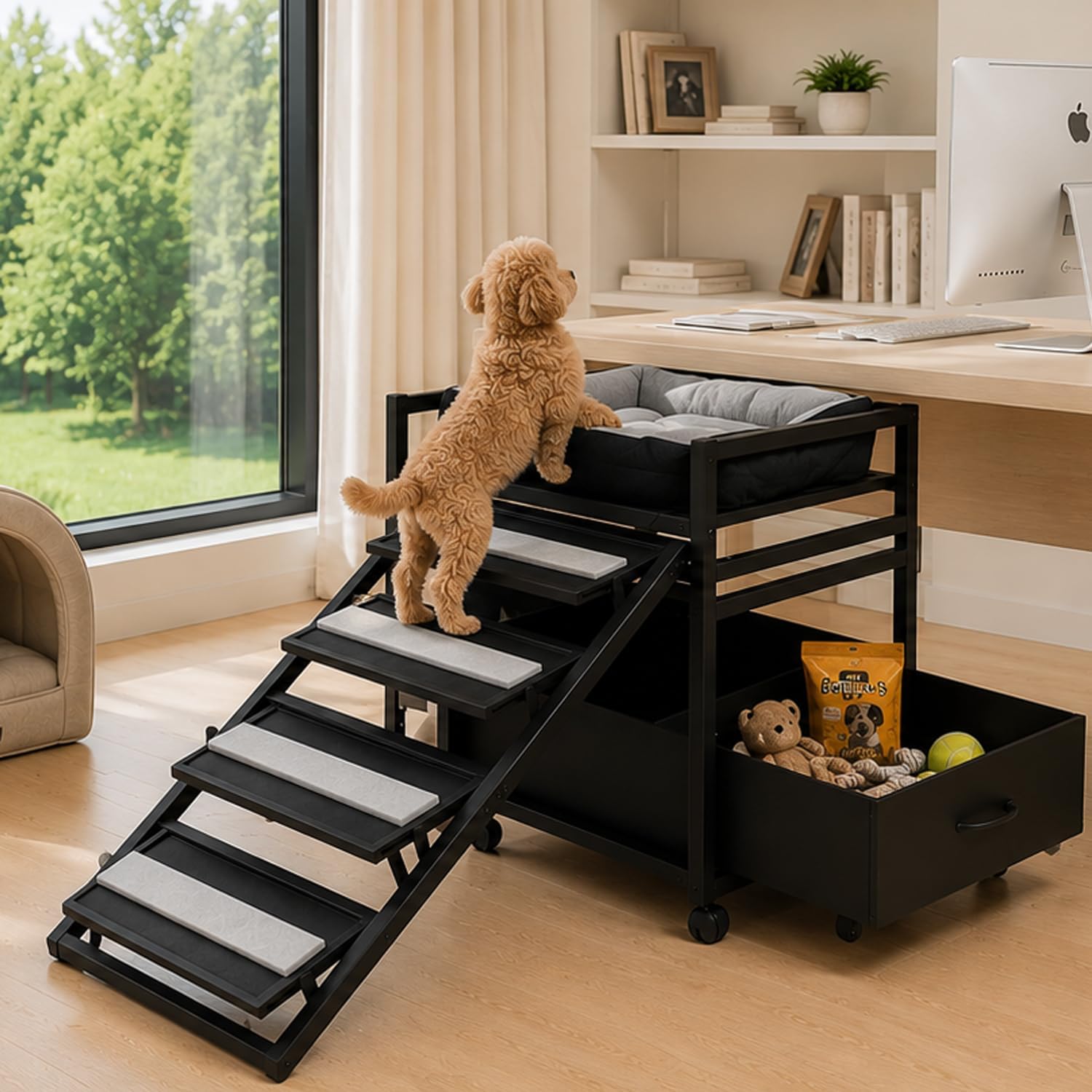 Pet Steps 2-in-1 Foldable Stairs & Ramp with Cats/Dogs Chair with Ramp High Beds, Folding Pet Steps for Medium Small Dogs, Cat Ladder, with Storage Cabinet