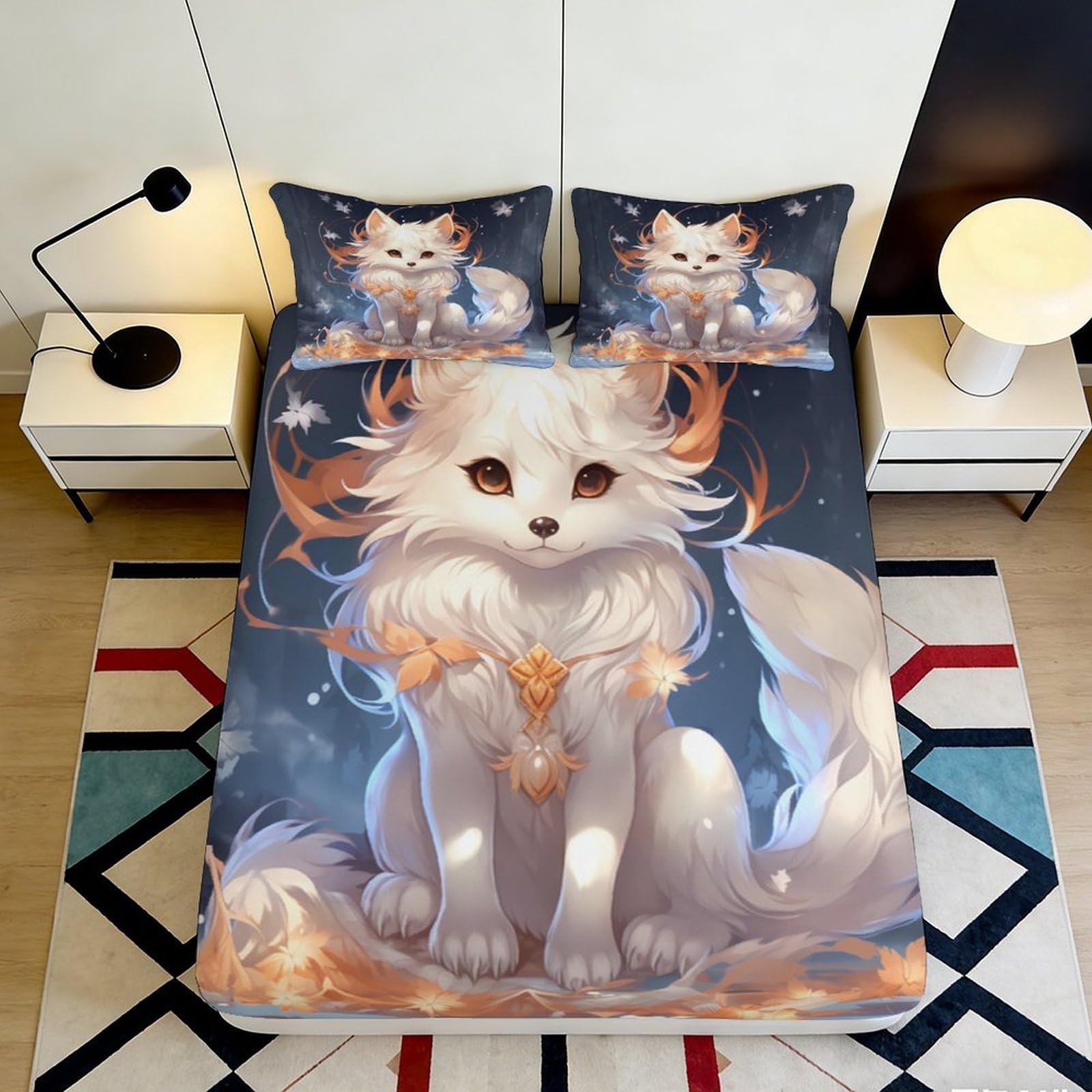 3D Printed Fantasy Fox Fitted Sheet Microfiber Soft Anti-Slip Magic Animal Bed Sheet for Bedroom Dorm Mattress Decor 200x200x25cm
