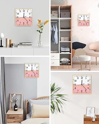 Miniatura 4 de Luxurious Pink Geometric Wooden Wall Clock Silent Non Ticking, Yellow Modern Line Abstract Art Square Wall Clock Battery Operated, Decor Clock for